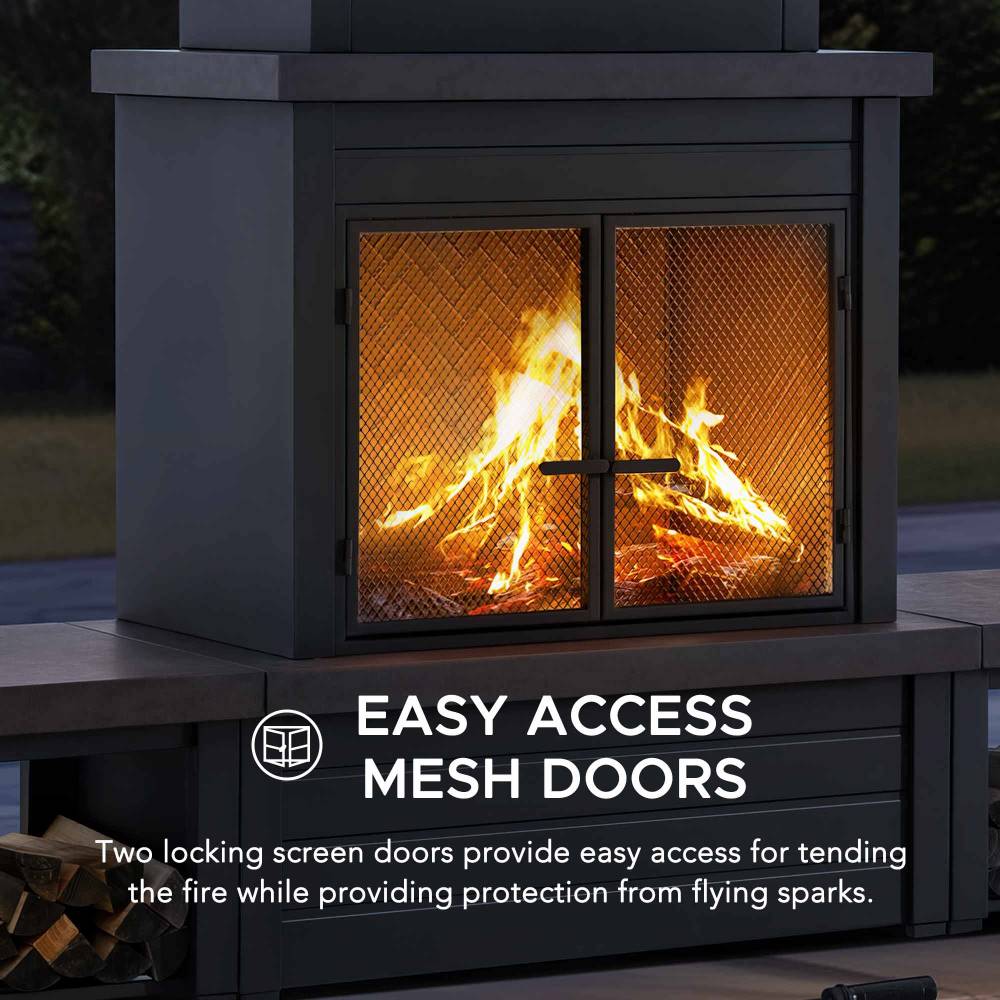 SUNJOY 58 Inch Wood Burning Fireplace, Steel Outdoor Fireplace with Chimney, Log Holders, Fireplace Tool, and PVC Cover