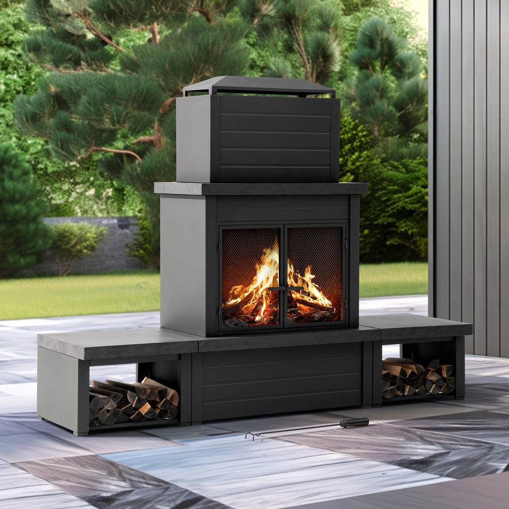 SUNJOY 58 Inch Wood Burning Fireplace, Steel Outdoor Fireplace with Chimney, Log Holders, Fireplace Tool, and PVC Cover