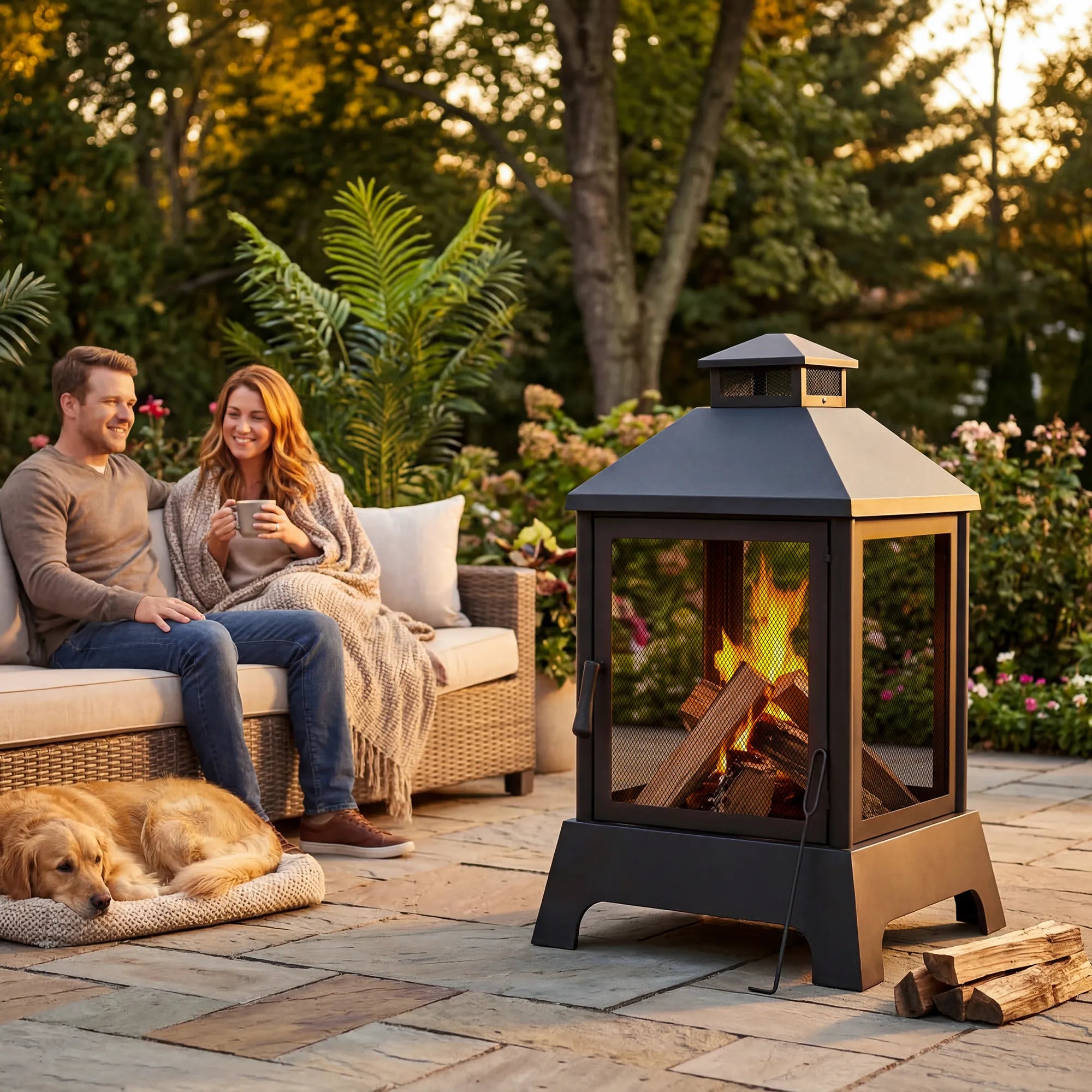 SUNJOY 43 Inch Steel Wood-Burning Fireplace with Chimney & Mesh