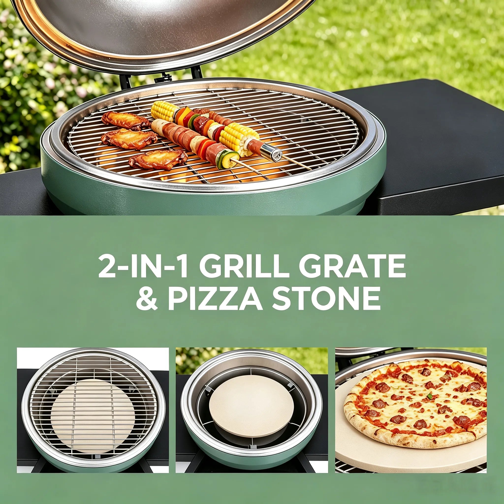 A 2-in-1 round grill and pizza stone set shown outdoors on grass, with the lid open and skewers cooking on the grill grate. Text across the center reads '2-IN-1 GRILL GRATE & PIZZA STONE,' with three smaller inset photos below showing the grill grate, the pizza stone, and a pizza cooking on the stone.