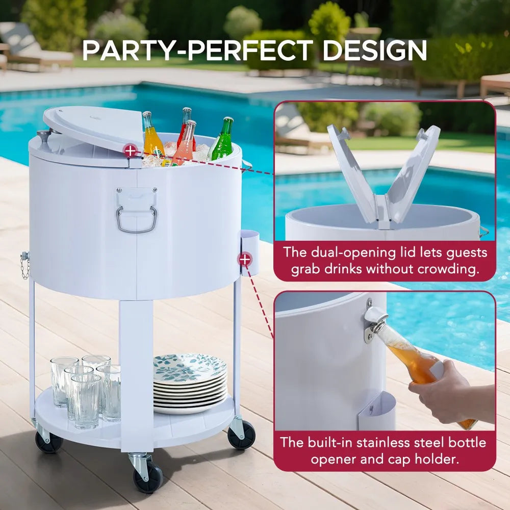 SUNJOY 60 Quart Portable Rolling Ice Chest Drink Cooler Cart with Bottle Opener and Shelf - White