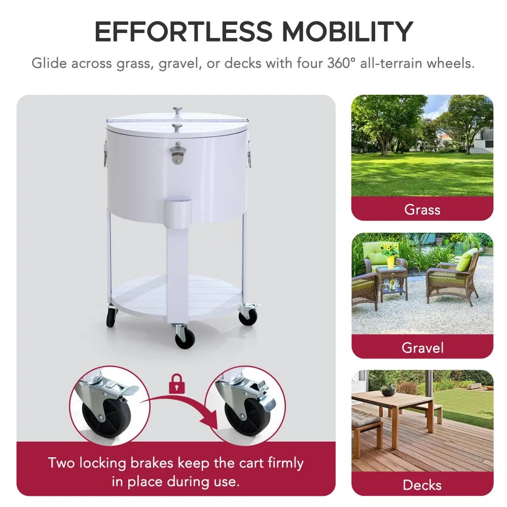 SUNJOY 60 Quart Portable Rolling Ice Chest Drink Cooler Cart with Bottle Opener and Shelf - White