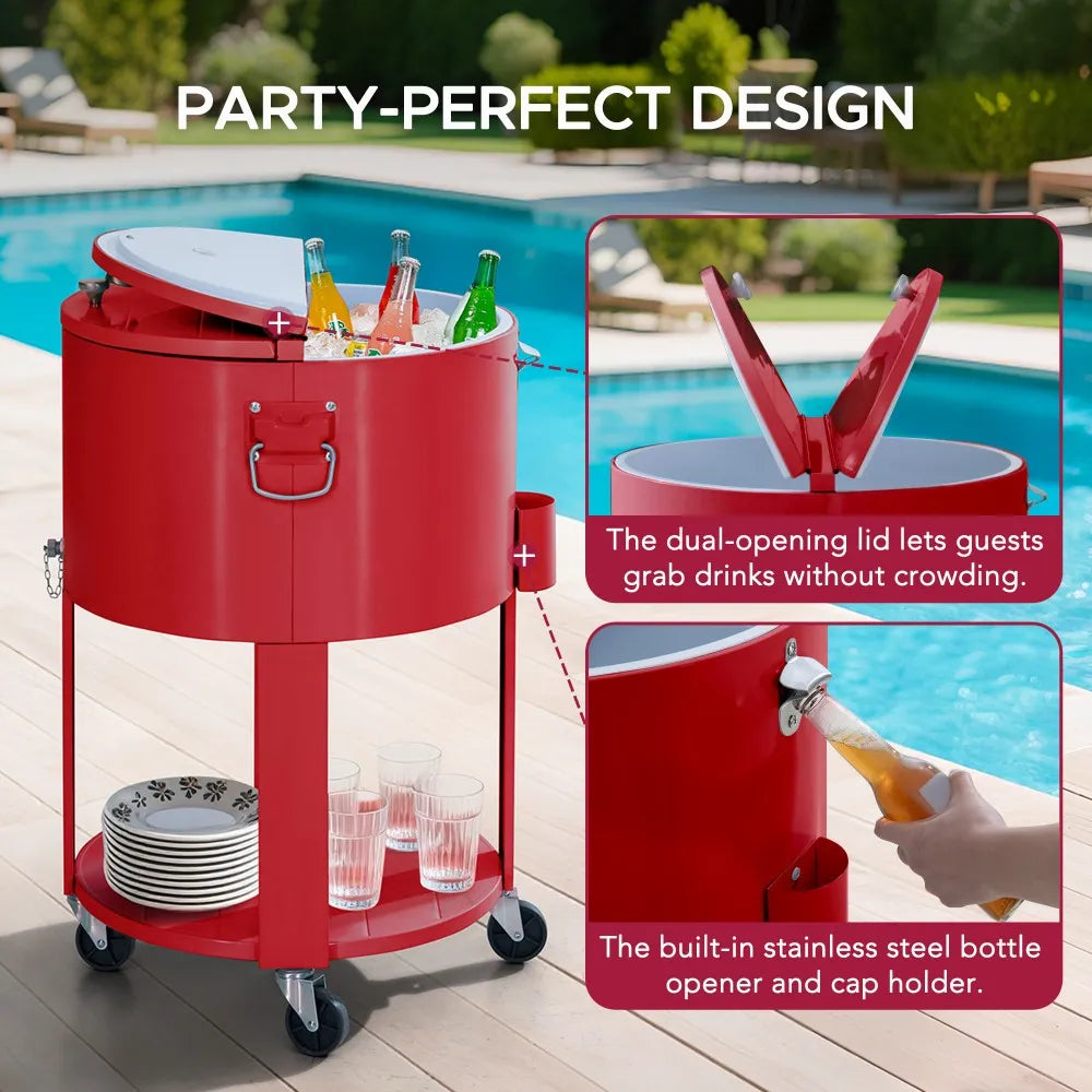 SUNJOY 60 Quart Portable Rolling Ice Chest Drink Cooler Cart with Bottle Opener and Shelf - Red