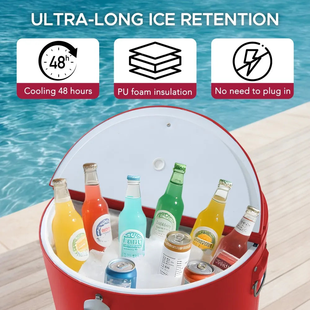SUNJOY 60 Quart Portable Rolling Ice Chest Drink Cooler Cart with Bottle Opener and Shelf - Red