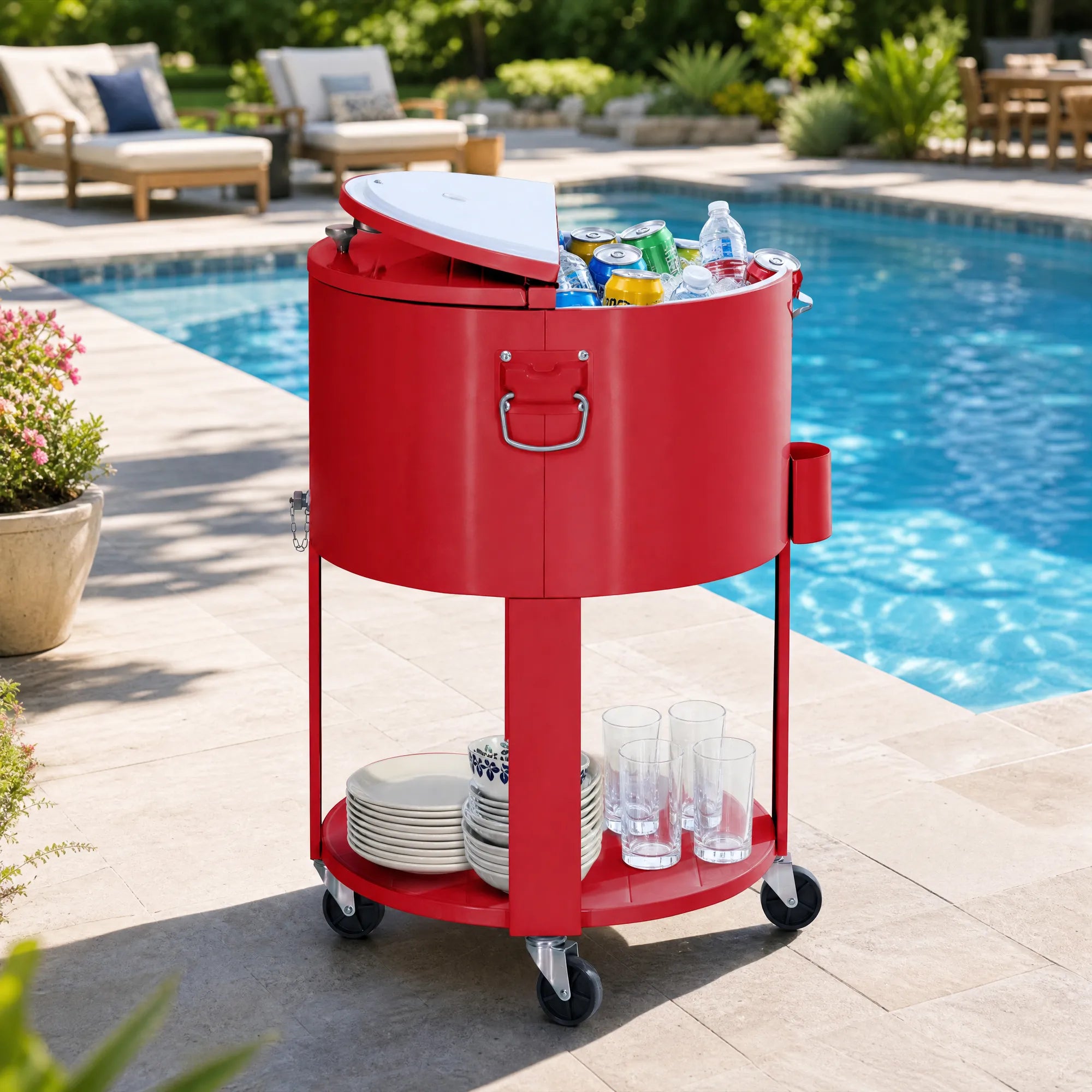 Oasis Rolling Patio Ice Chest Cart 60 Qt with Storage Shelf - Vintage Red