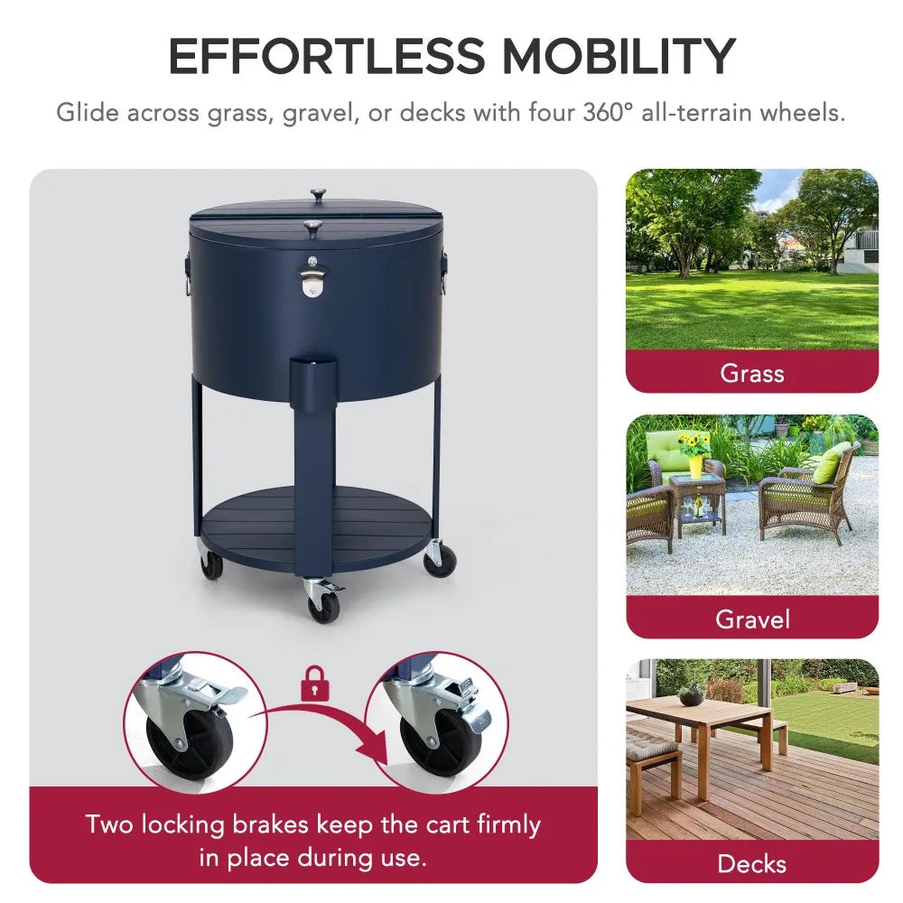 SUNJOY 60 Quart Portable Rolling Ice Chest Drink Cooler Cart with Bottle Opener and Shelf - Blue