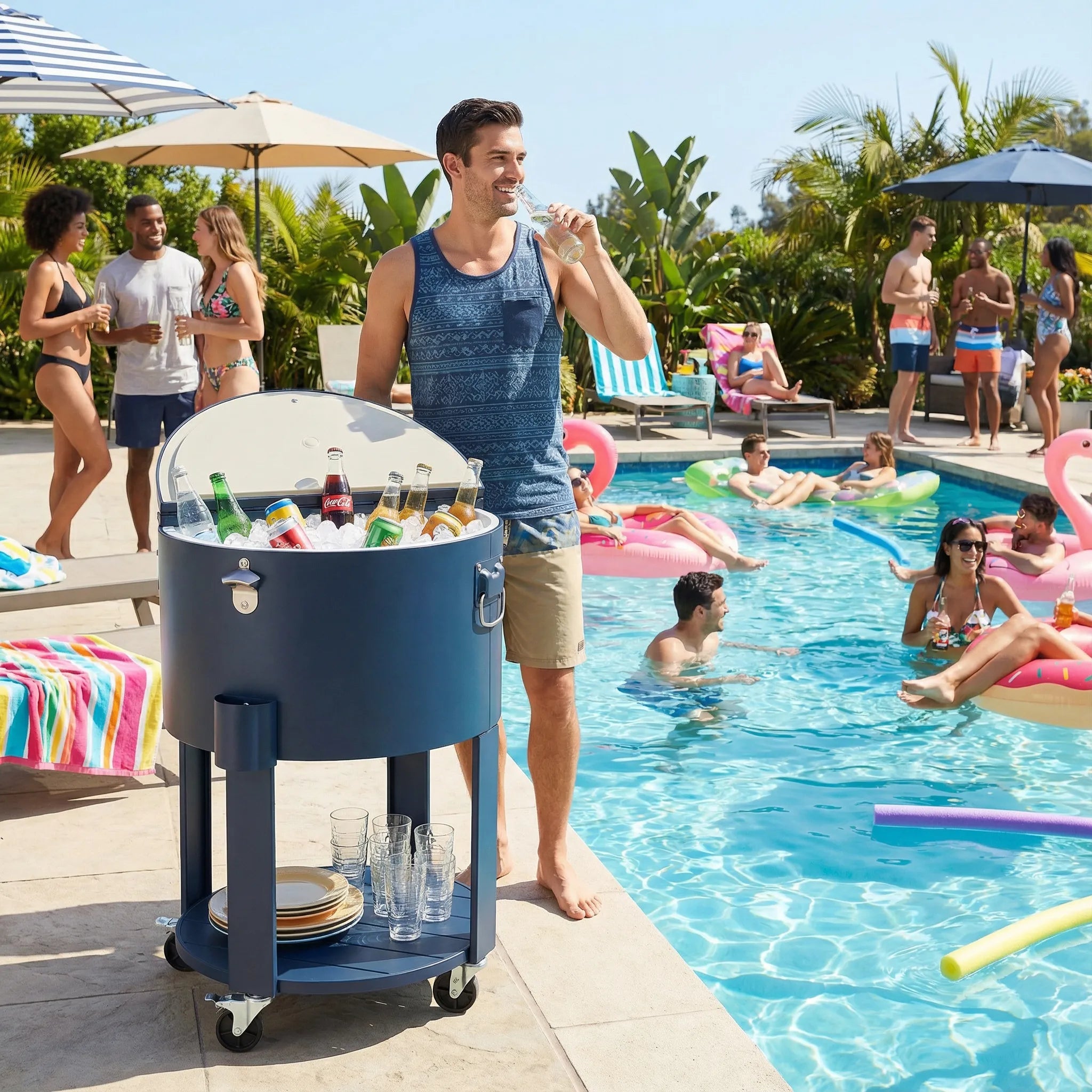 SUNJOY 60 Quart Portable Rolling Ice Chest Drink Cooler Cart with Bottle Opener and Shelf - Blue