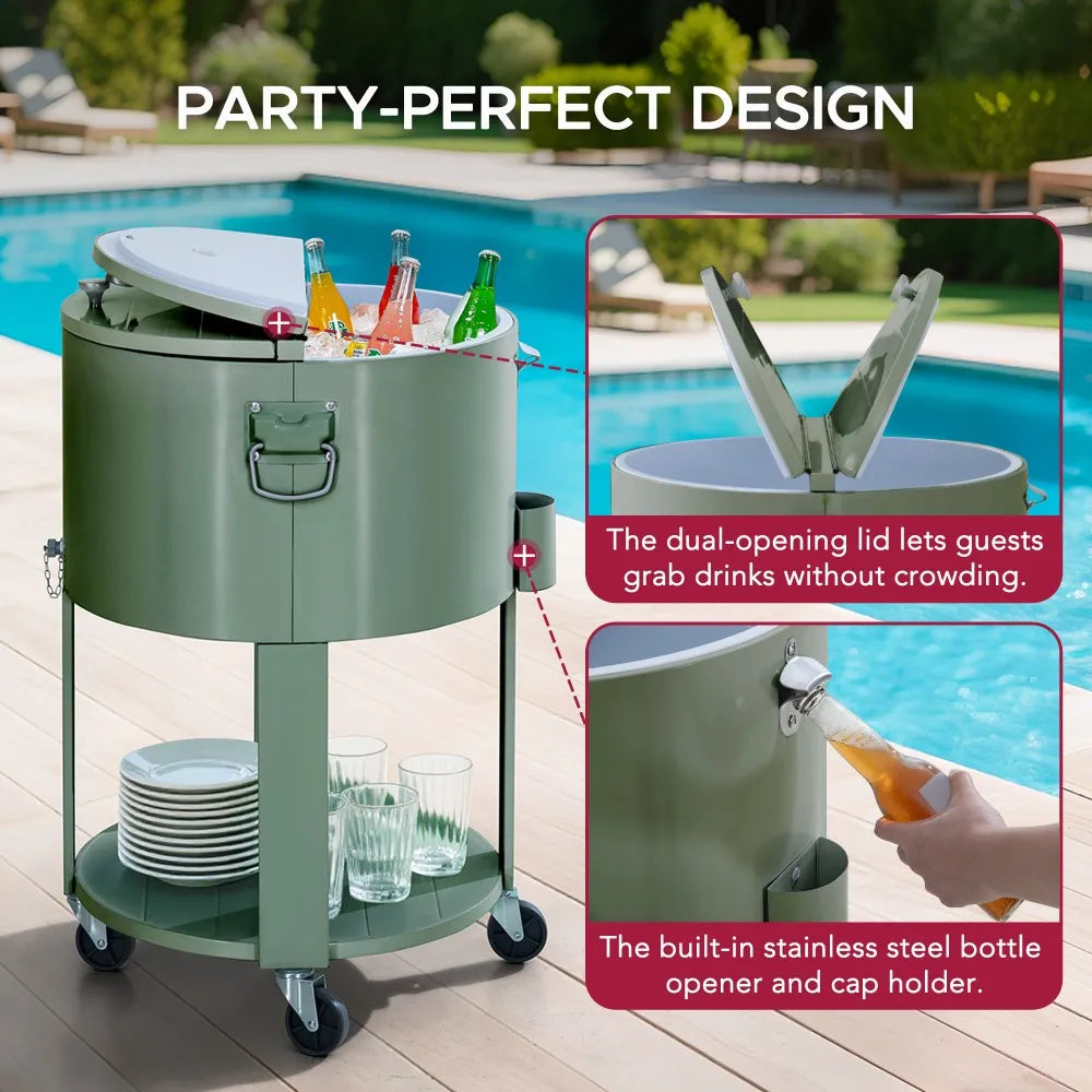 SUNJOY 60 Quart Portable Rolling Ice Chest Drink Cooler Cart with Bottle Opener and Shelf - Green