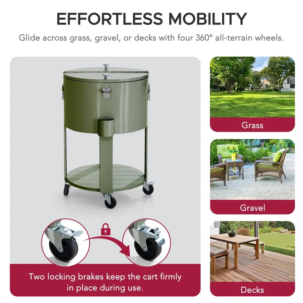 SUNJOY 60 Quart Portable Rolling Ice Chest Drink Cooler Cart with Bottle Opener and Shelf - Green