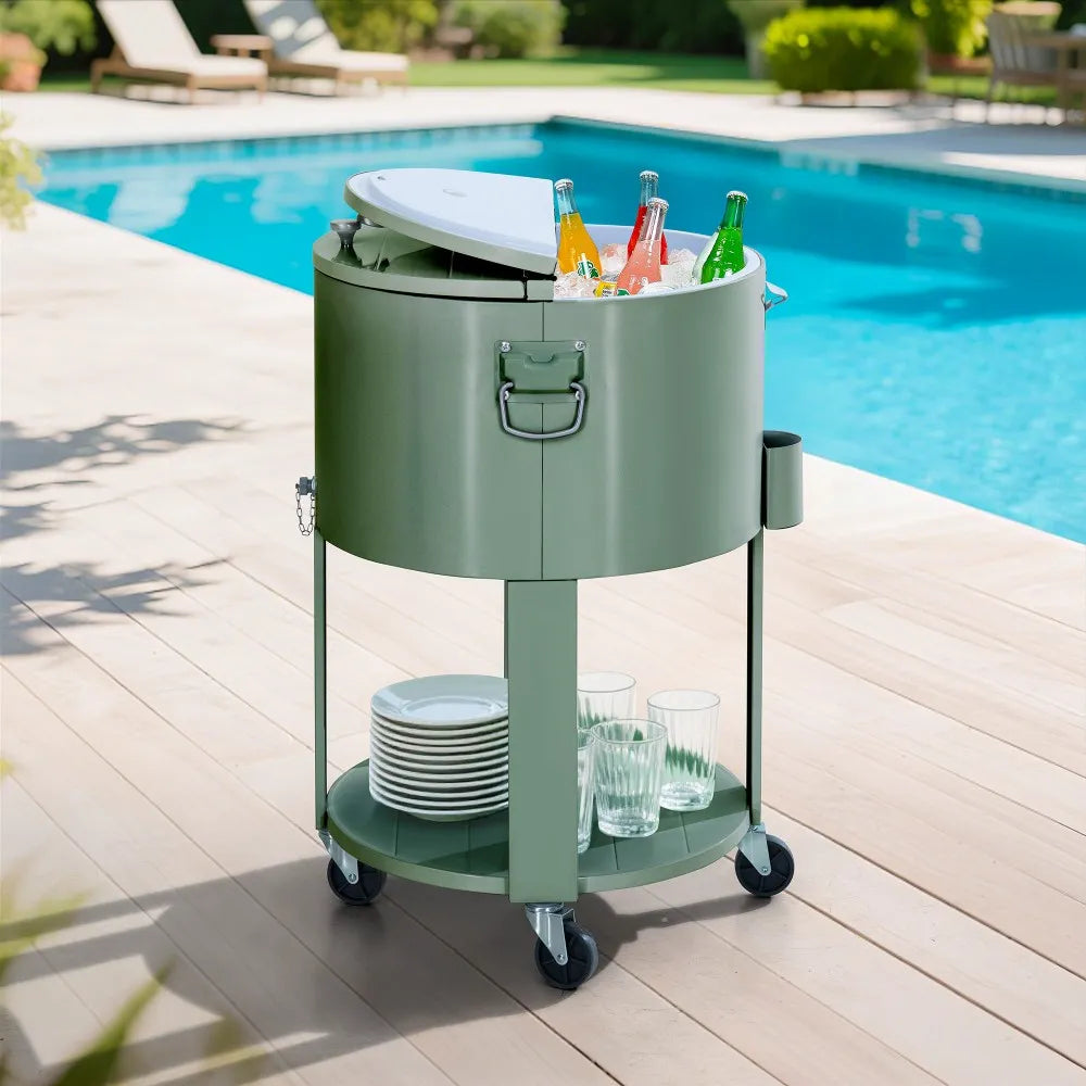 SUNJOY 60 Quart Portable Rolling Ice Chest Drink Cooler Cart with Bottle Opener and Shelf - Green