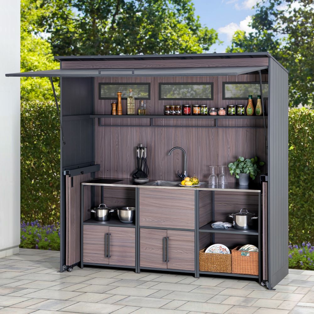 SUNJOY 7x3 Outdoor Kitchen Grill Station with Overhead Lift-Up Door & Folding Sliding Doors for Compact Space
