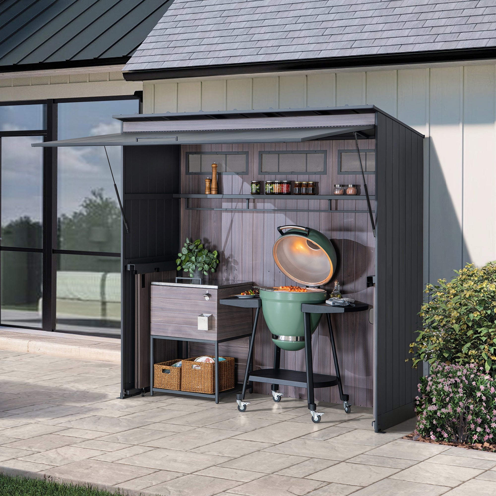 SUNJOY 7x3 Outdoor Kitchen Grill Station with Overhead Lift-Up Door & Folding Sliding Doors for Compact Space