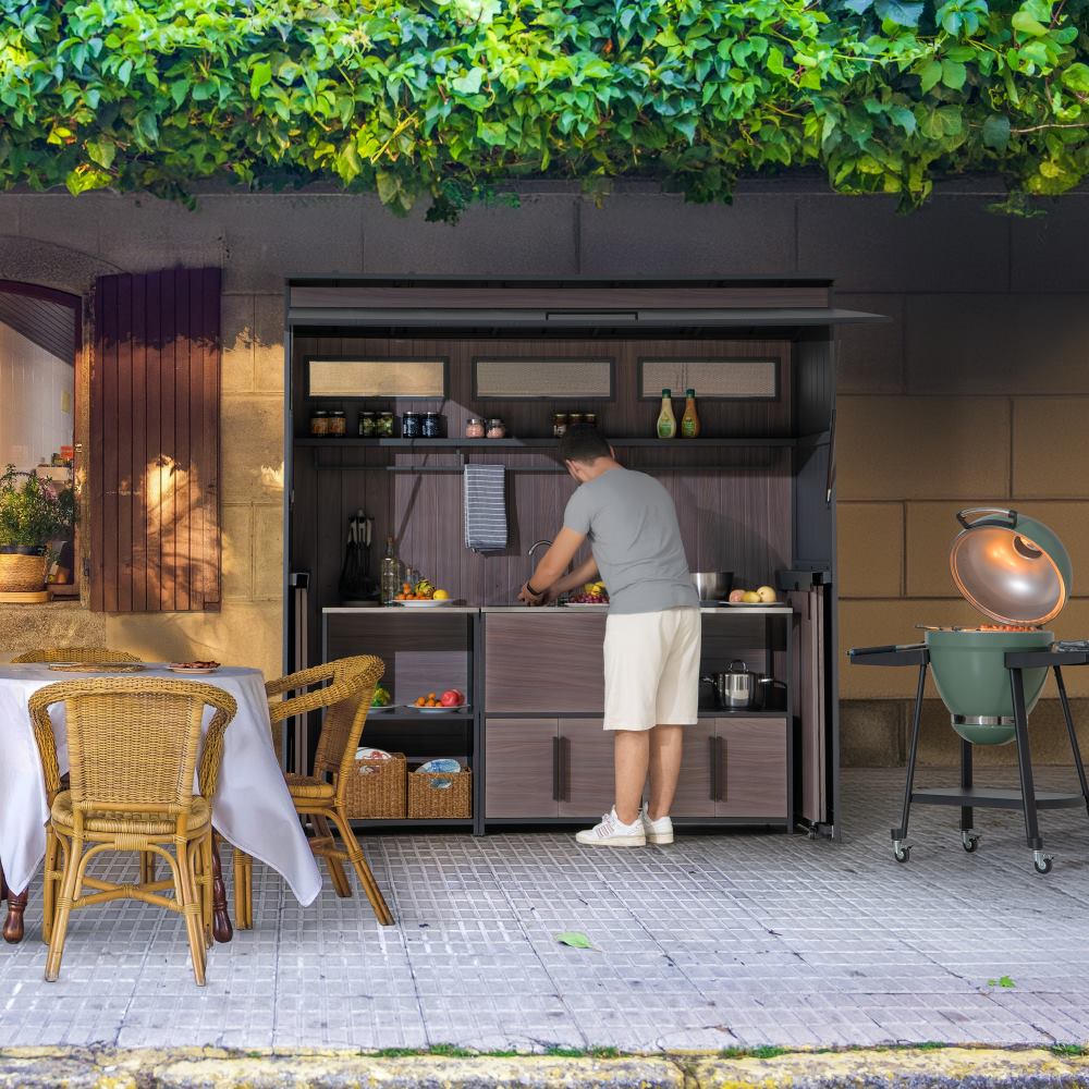 SUNJOY 7x3 Outdoor Kitchen Grill Station with Overhead Lift-Up Door & Folding Sliding Doors for Compact Space