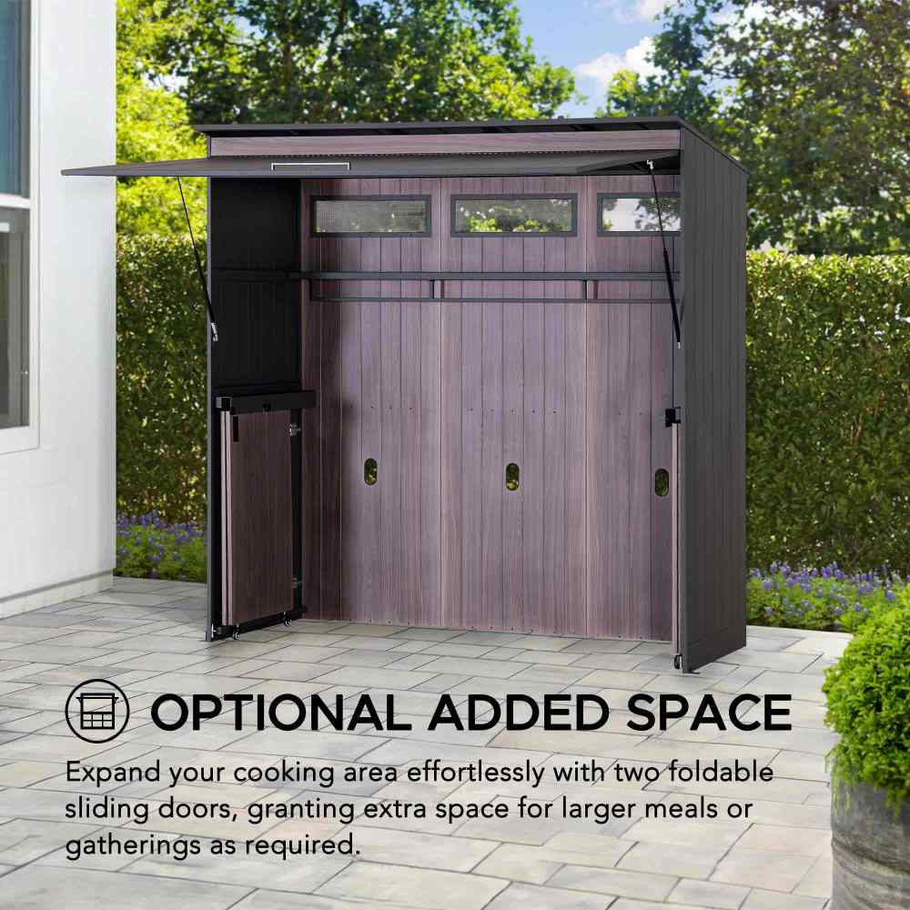 SUNJOY 7x3 Outdoor Kitchen Grill Station with Overhead Lift-Up Door & Folding Sliding Doors for Compact Space