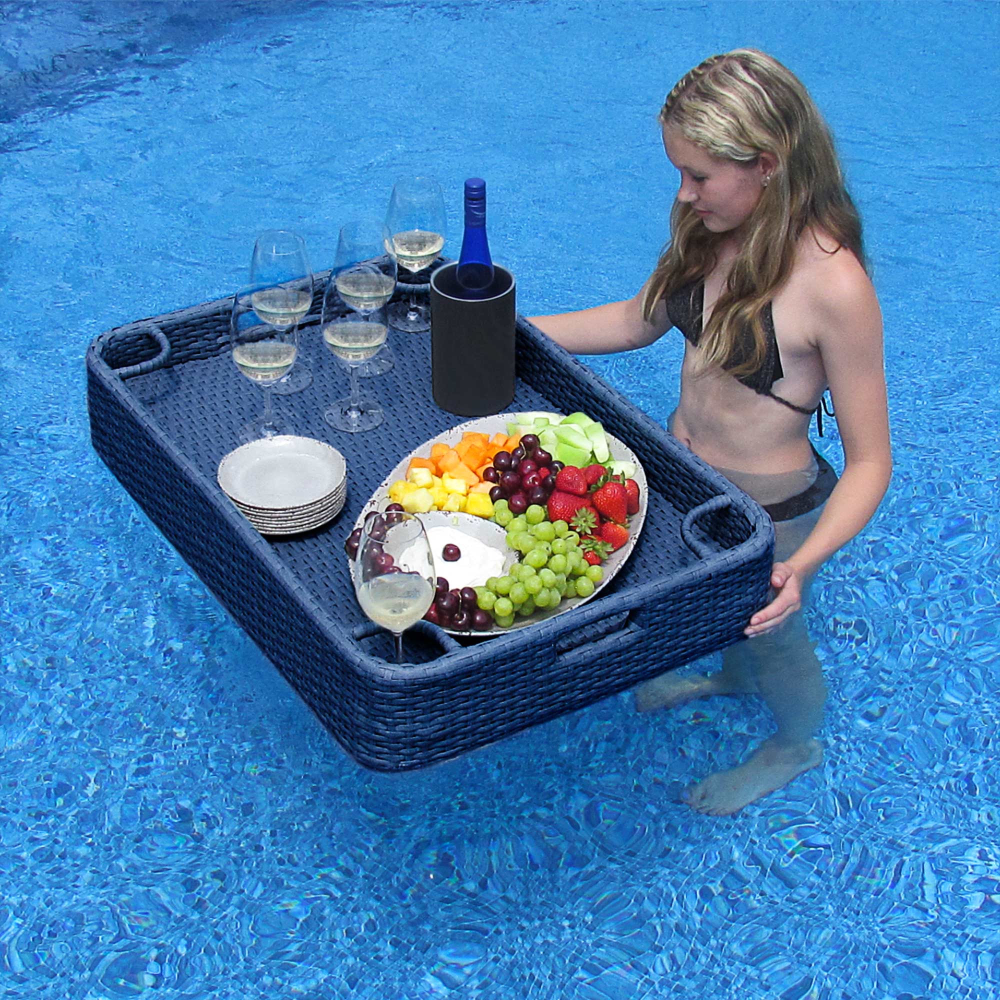 SUNJOY 36x24 Inch Wicker Floating Pool Tray for Drinks and Snacks.