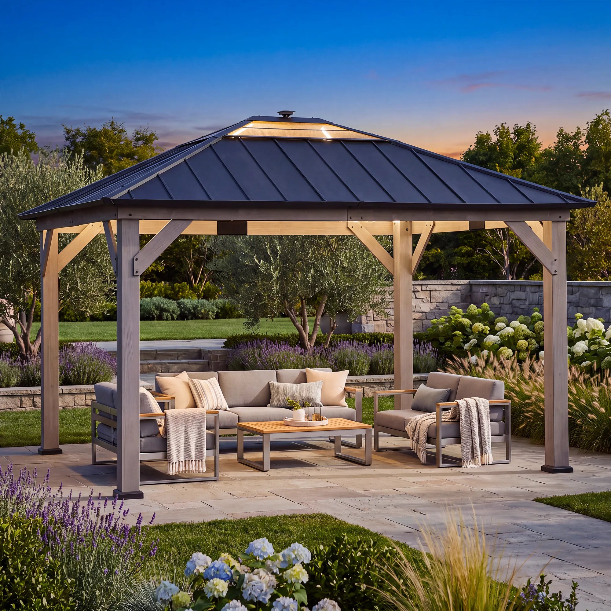Smart Solar Wooden Gazebo Integrated LED 11' x 13' - Driftwood Cedar