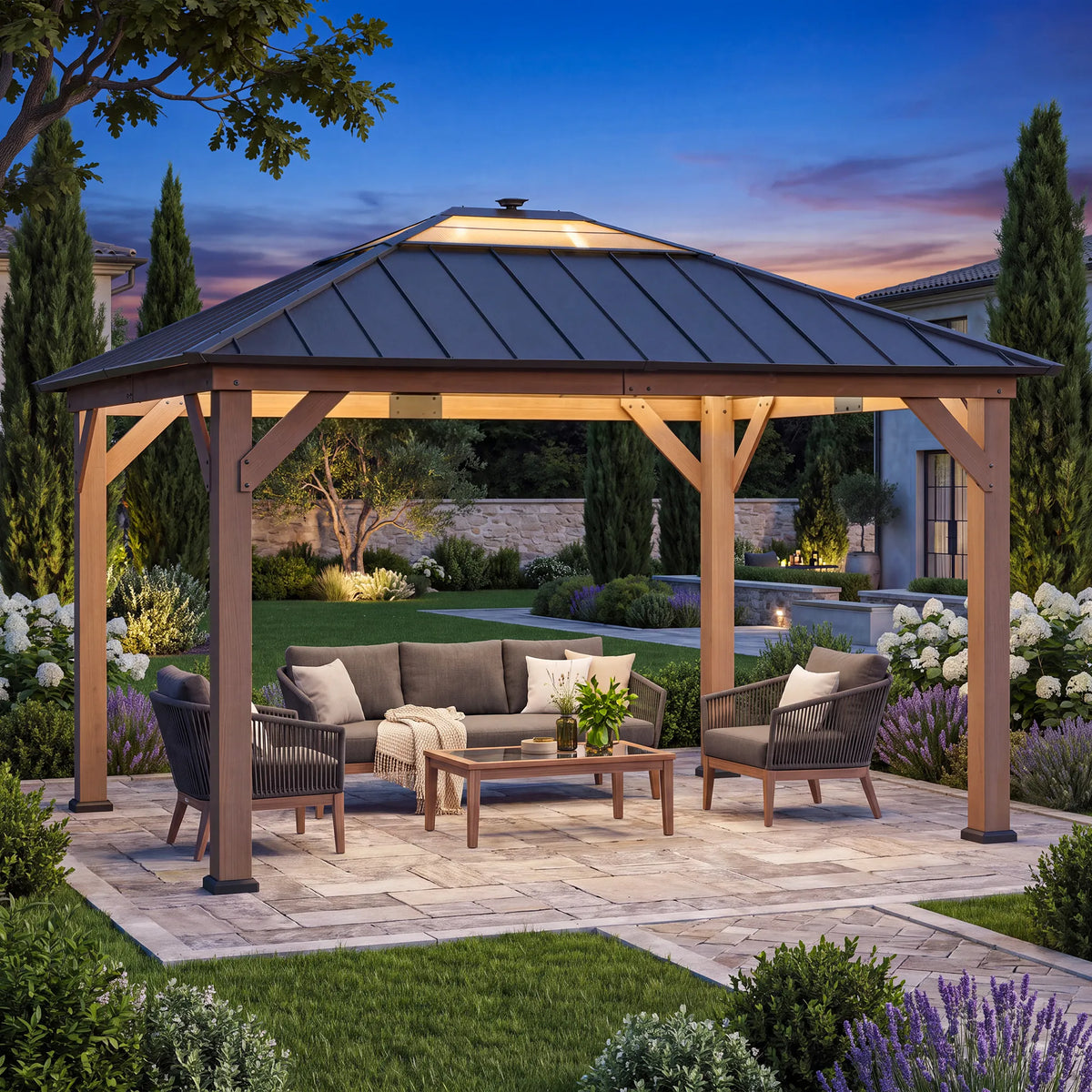 Smart Solar Wooden Gazebo with Integrated LED 11' x 13' - Weathered Cedar