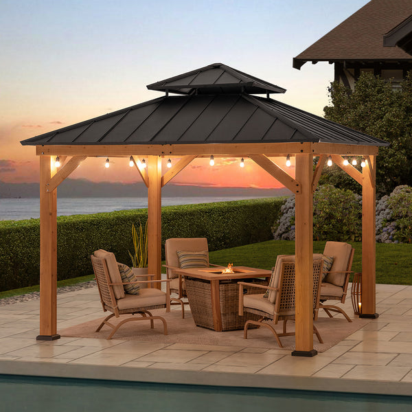 Sunjoy Outdoor Patio 11x11 2-Tier Wooden Frame Backyard Hardtop Gazebo with Ceiling Hook