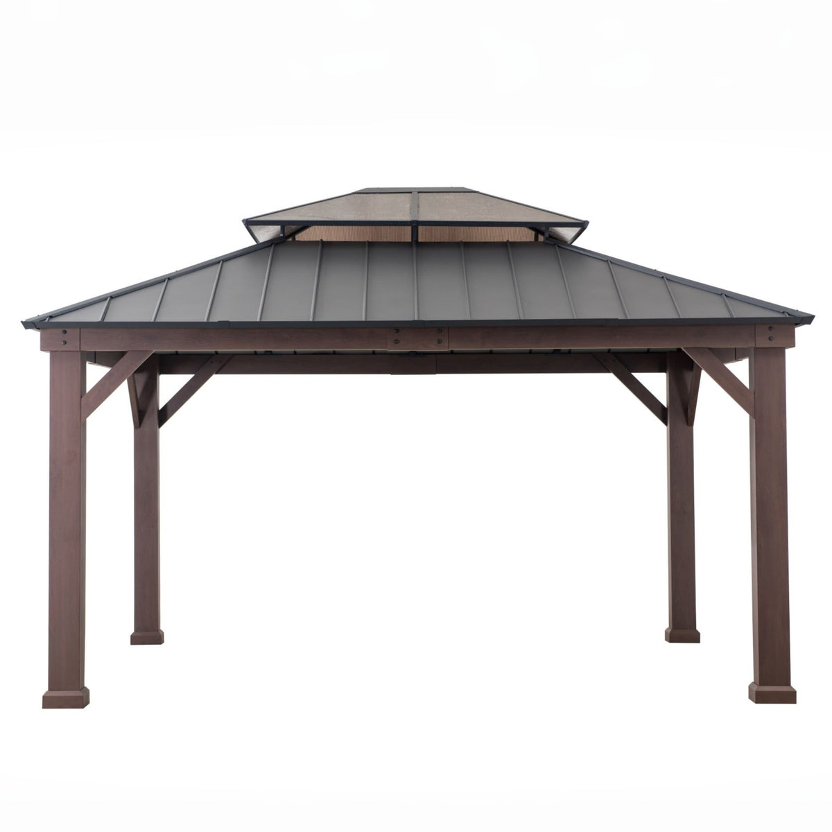 A double-tiered gazebo with a dark gray metal roof and brown wooden posts, shown from a front three-quarter angle on a solid white background.