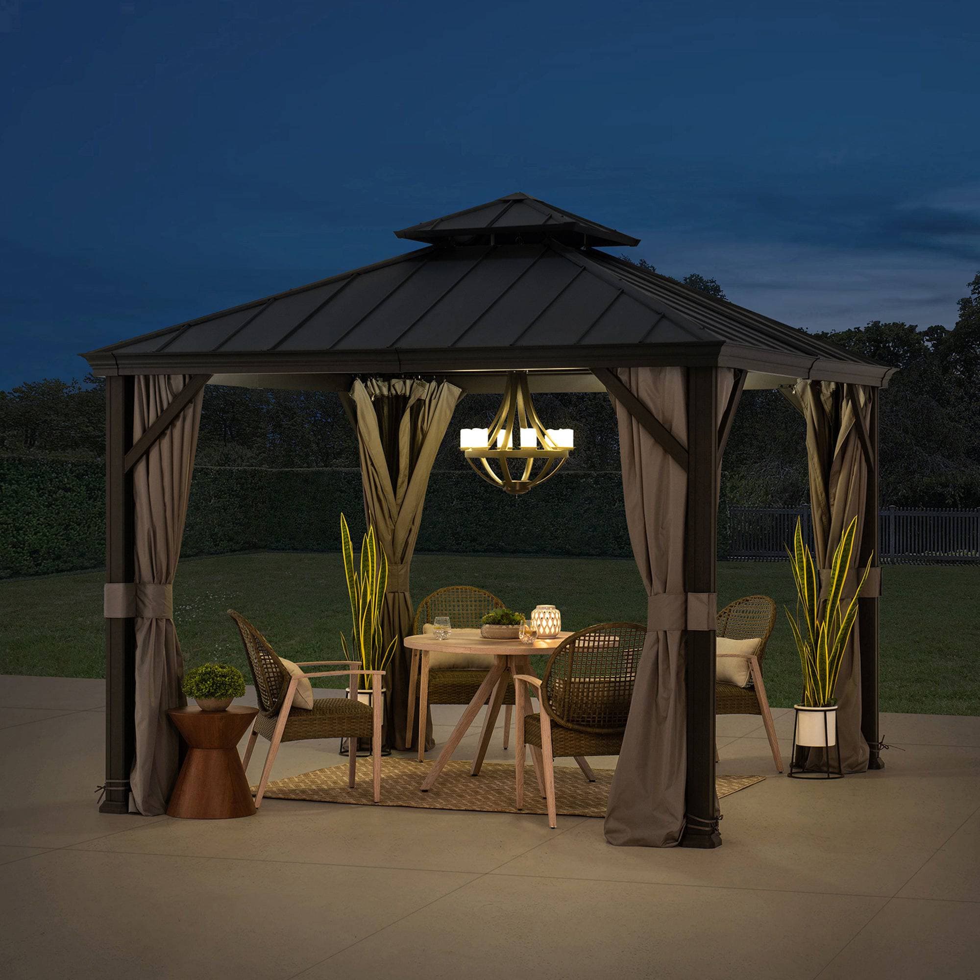 SUNJOY 10x10 Hardtop Gazebo with Aluminum Frame, Netting, and Curtain.