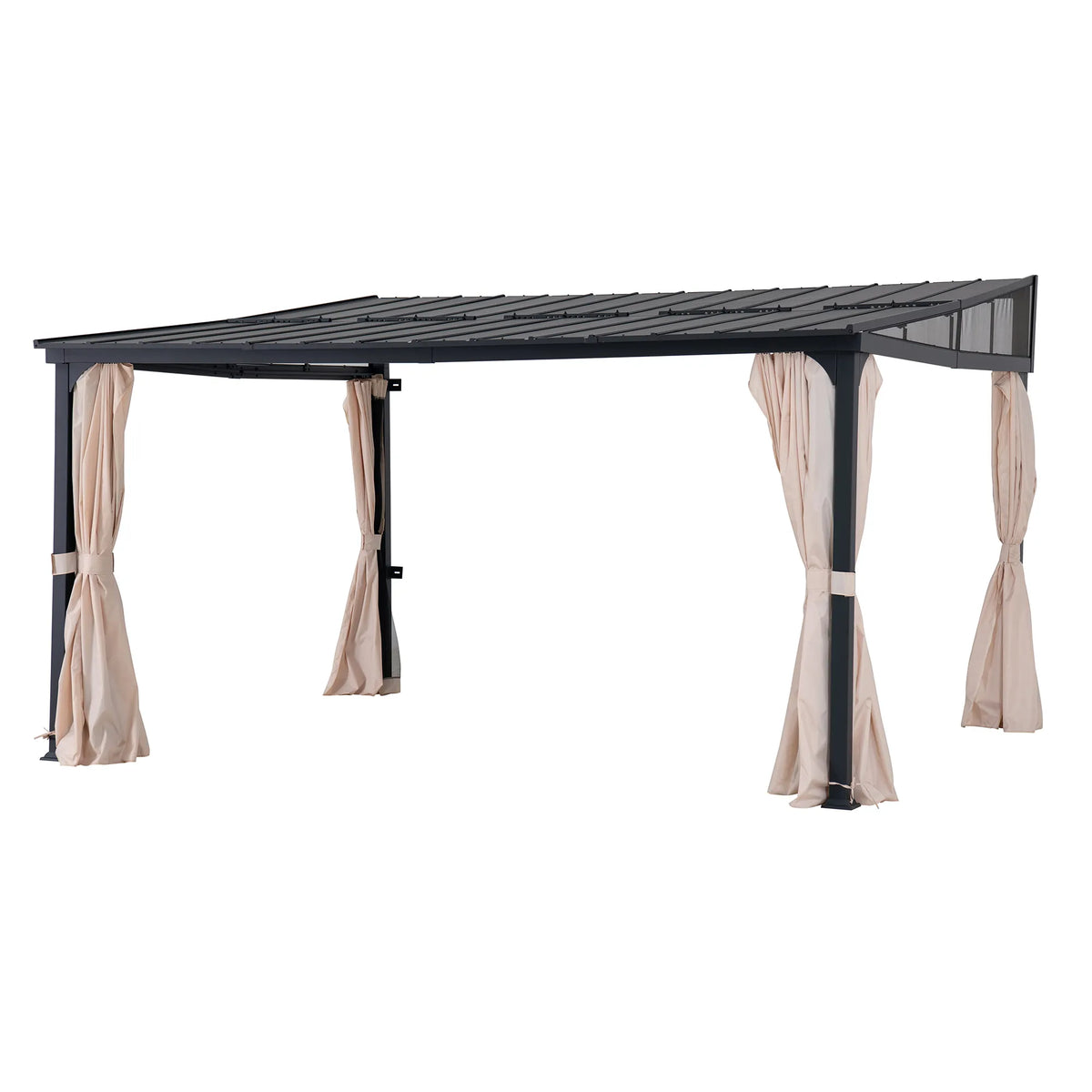 Gazebo mural SUNJOY 12x14 avec toit en métal et rideaux et filets