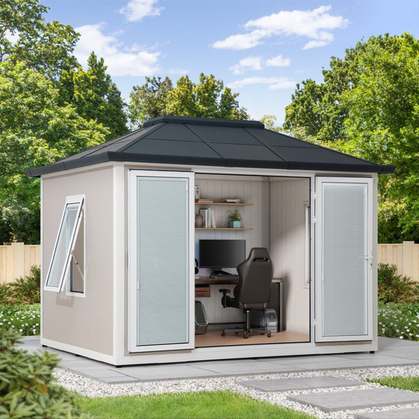 Sunjoy Esquire, Beyond Shed, 10'x12.6' Backyard Office Shed, Outdoor Storge Shed with Floors, 2 Windows, and Lockable Doors