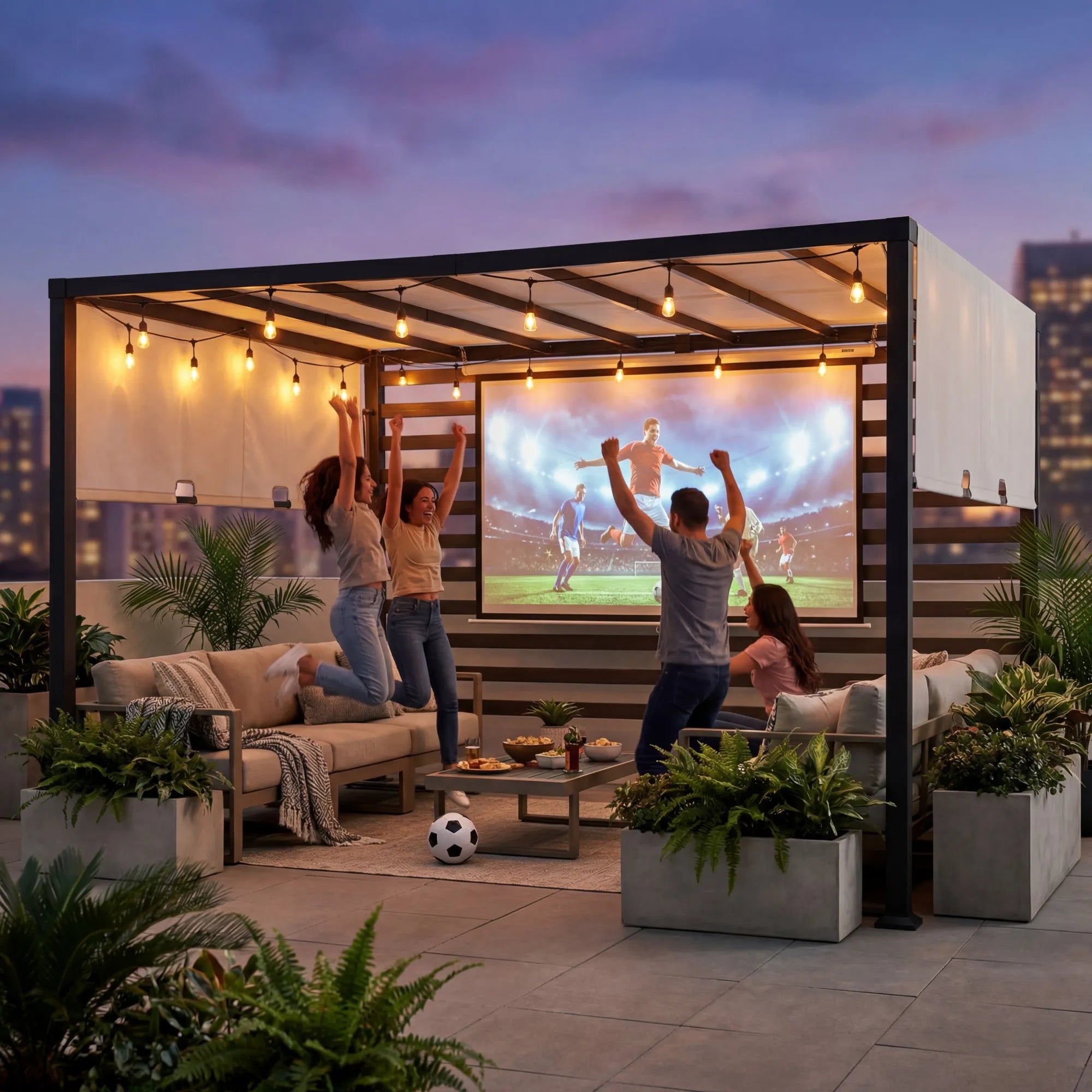 SUNJOY 10x12 Modern Steel Pergola Kit with White Adjustable Canopy and Privacy Wall