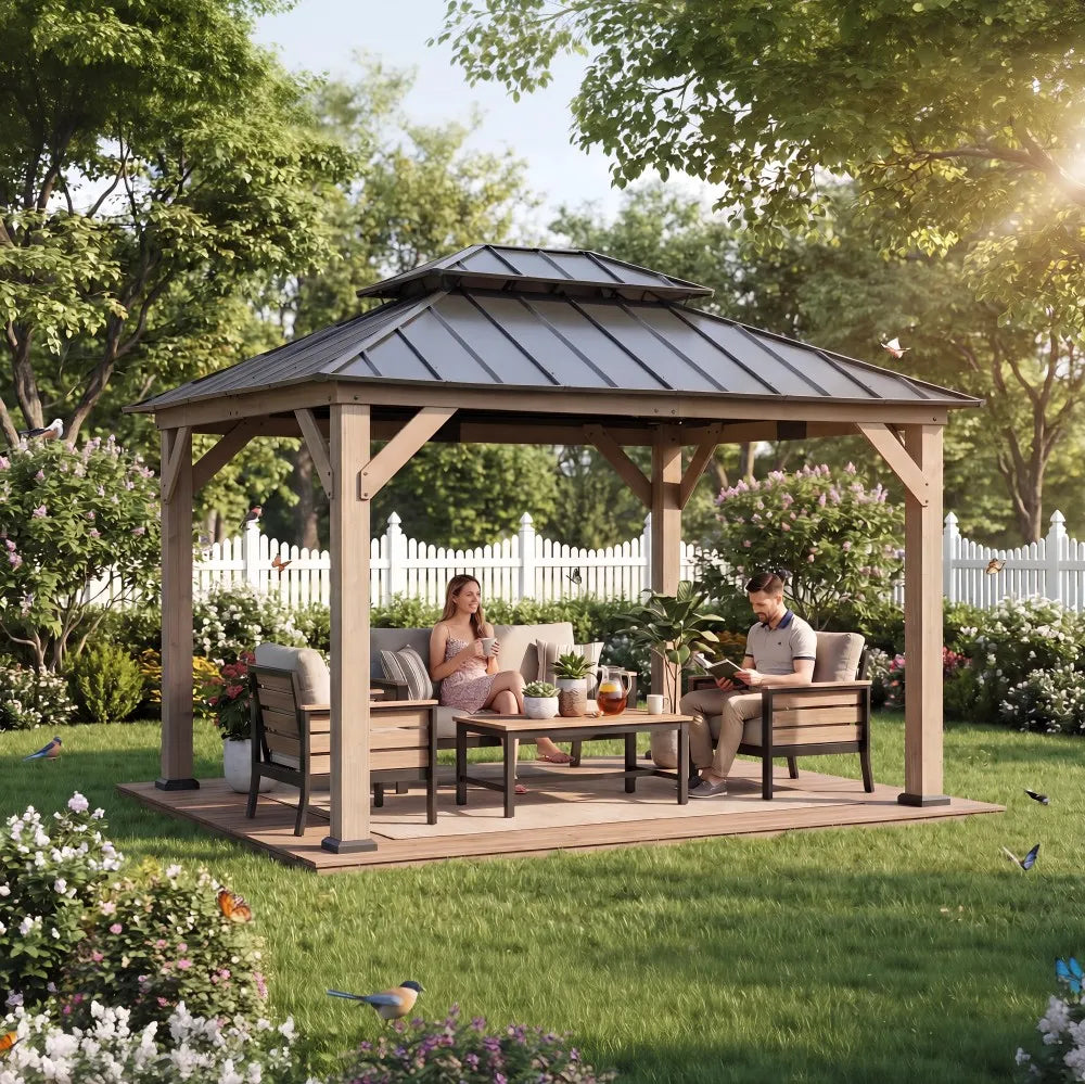 SUNJOY 10x12 Outdoor Cedar Framed Wooden Gazebo with 2-Tier Metal Roof and Ceiling Hook - Weathered Cedar
