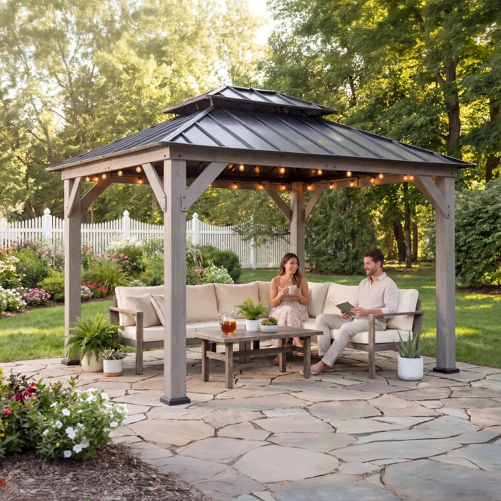 SUNJOY 10x12 Outdoor Cedar Framed Wooden Gazebo with 2-tier Metal Roof and Ceiling Hook - Driftwood Cedar