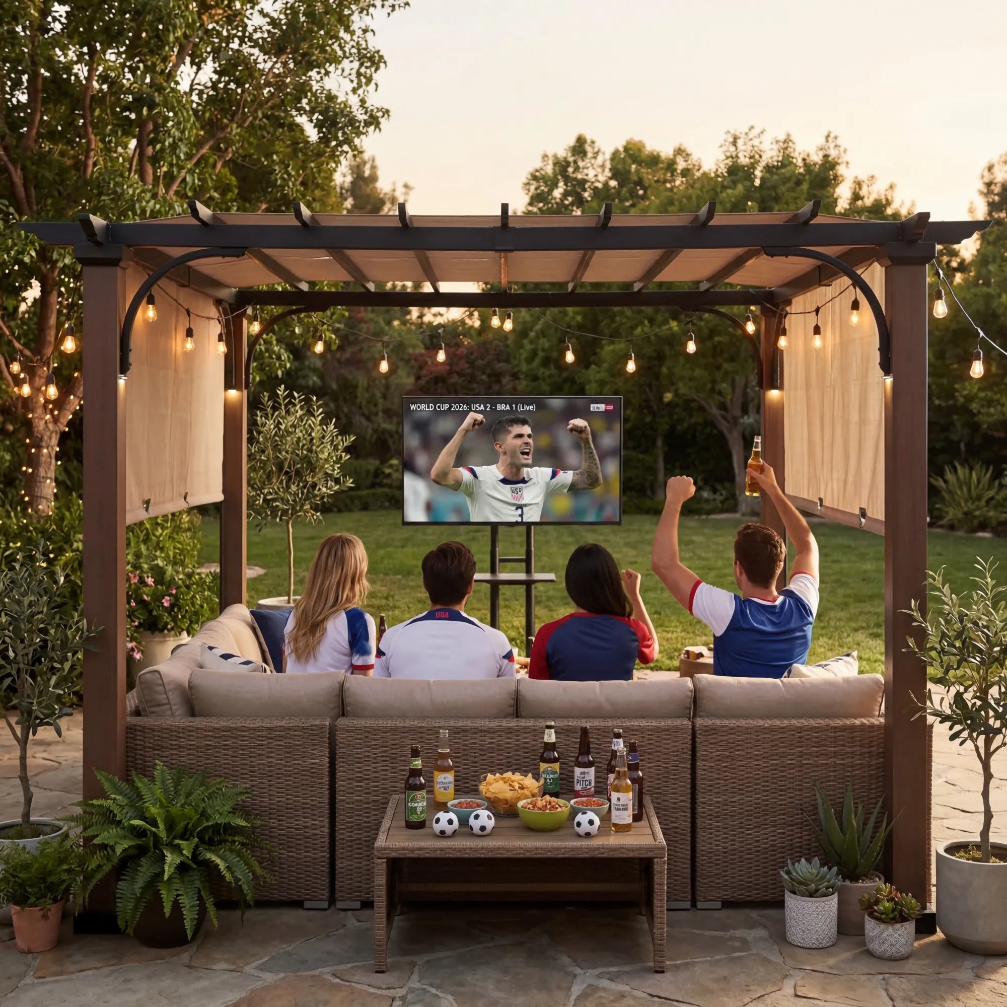 SUNJOY Outdoor Patio 11x11 Modern Metal Pergola Kit with Natural Wood Looking Finish and Tan Adjustable Canopy