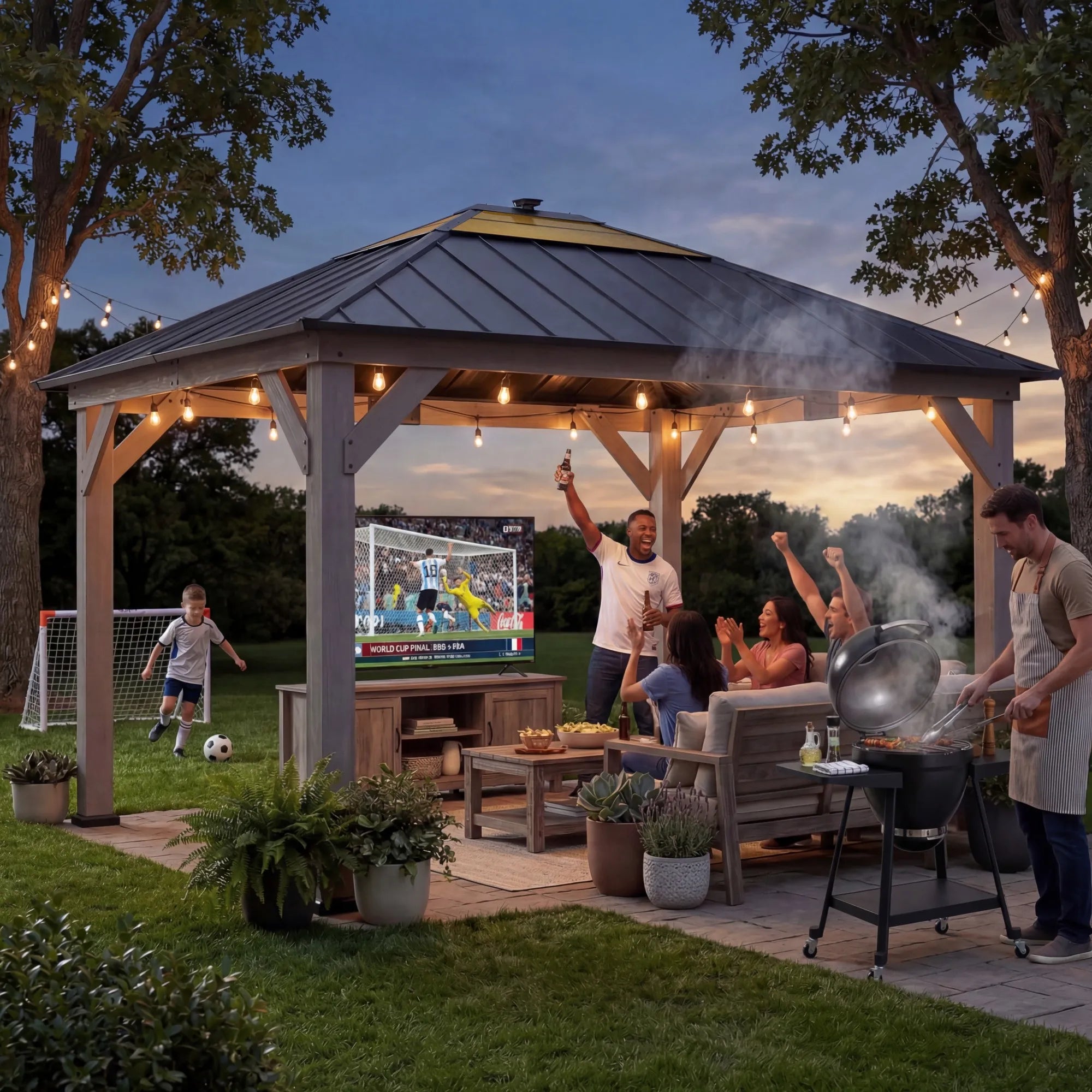 SUNJOY 11x13 Wooden Gazebo with Solar Panel, LED Lights and Ceiling Hook - Driftwood Cedar