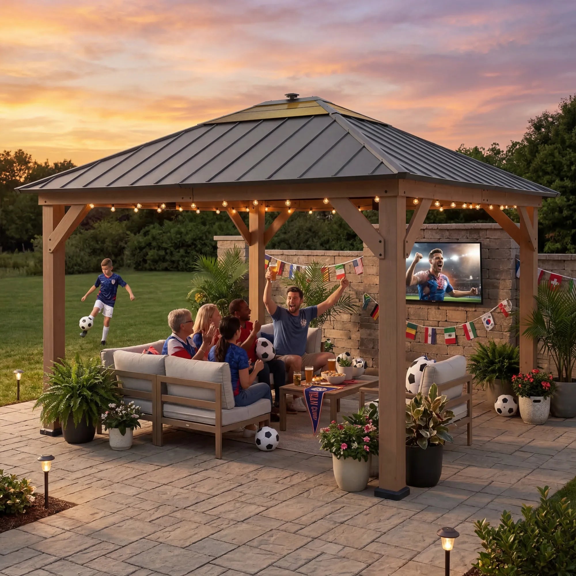 11x13 Wooden Hard Top Gazebo with Solar LED Lights | SUNJOY Canada