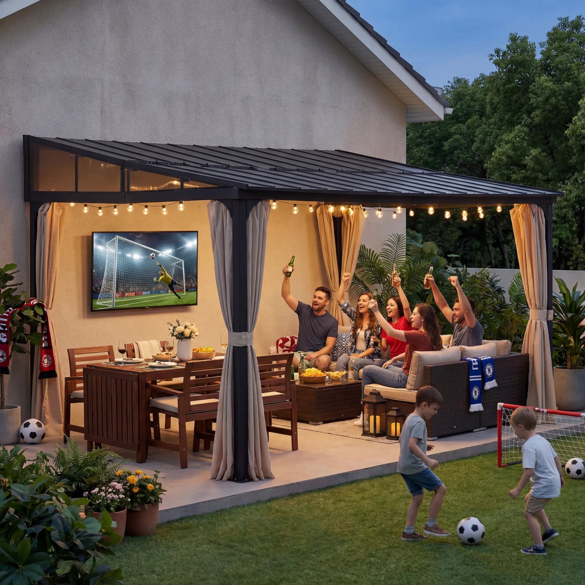 SUNJOY 12x14 Metal Roof Lean to Gazebo, Wall Mounted Gazebo with Curtains and Netting