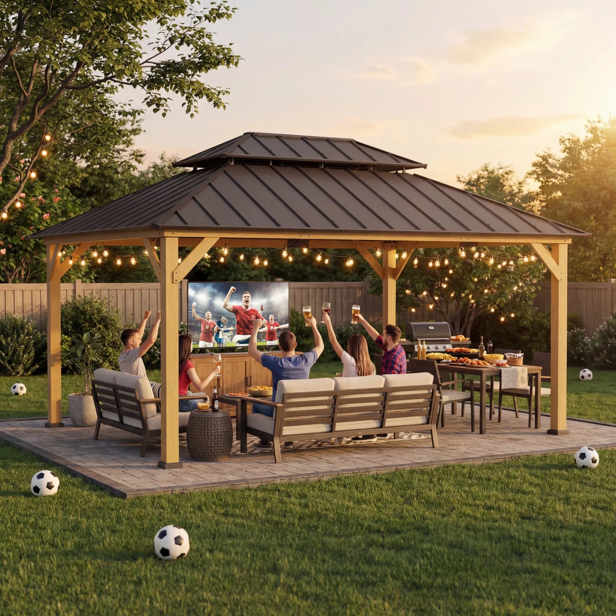 ペコ 12x16 Cedar Wooden Hardtop Gazebo with Steel Roof | SUNJOY Canada
