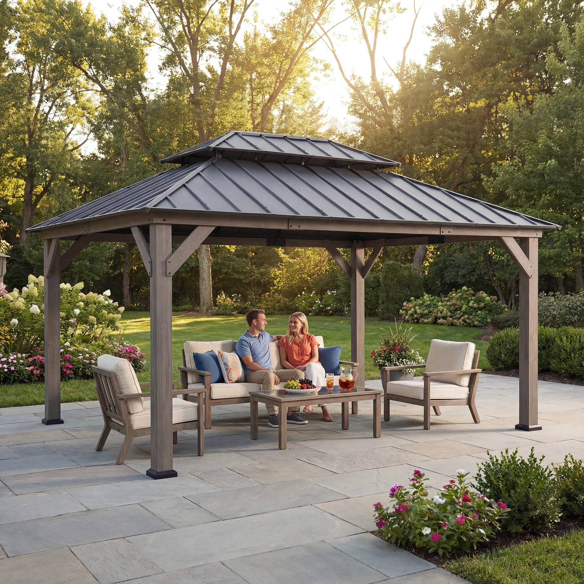 SUNJOY 12x16 Outdoor Cedar Framed Gazebo with 2-Tier Metal Roof and Ceiling Hook - Standard Driftwood Cedar