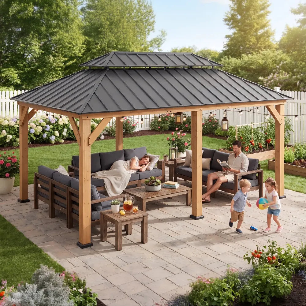 SUNJOY 12x20 Wooden Frame Hardtop Gazebo with Rectangle Double Tier and Ceiling Hook - Standard Natural Cedar