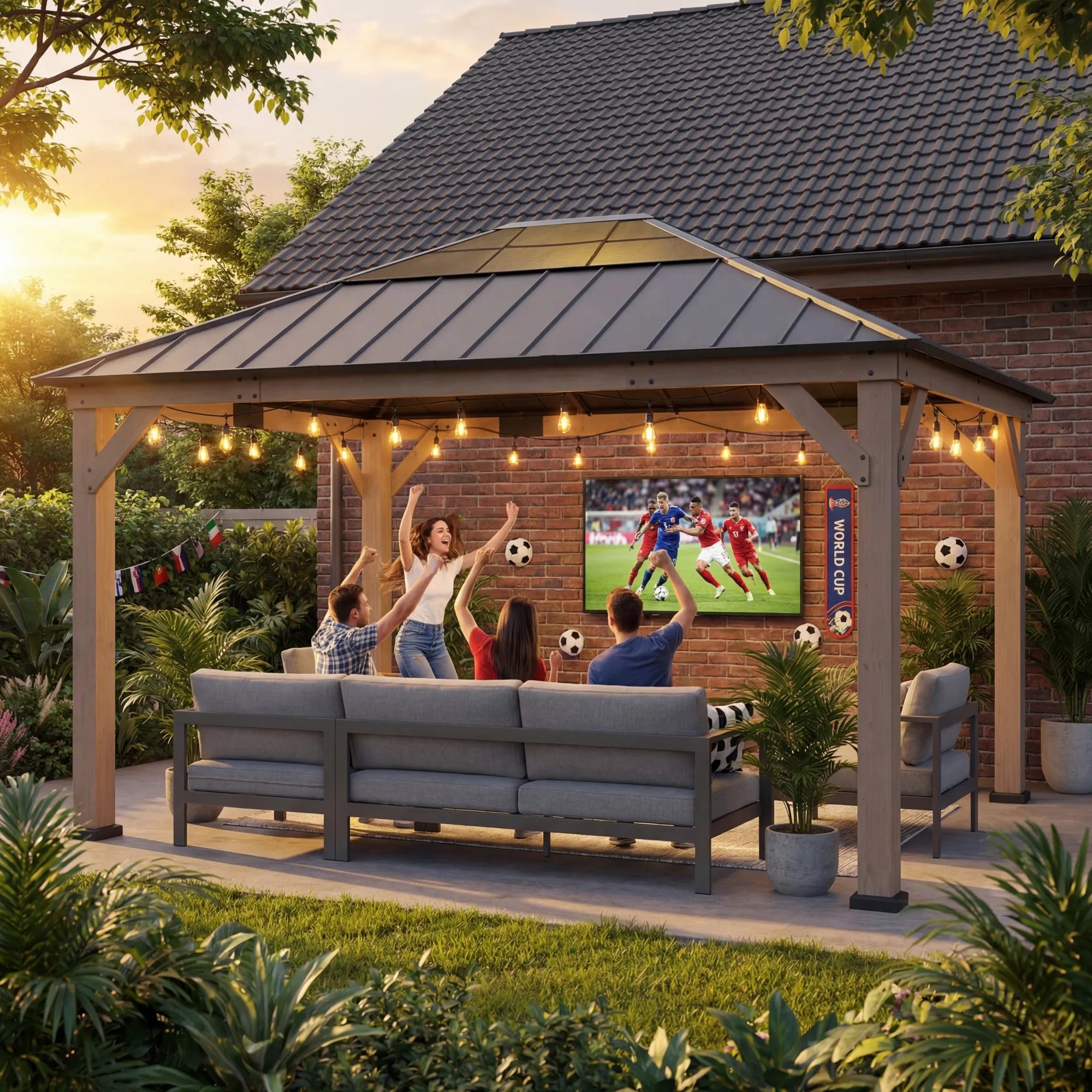 SUNJOY 13x15 Brown Steel Roof Wooden Gazebo with Translucent Polycarbonate Skylight - Dark Wood Cedar