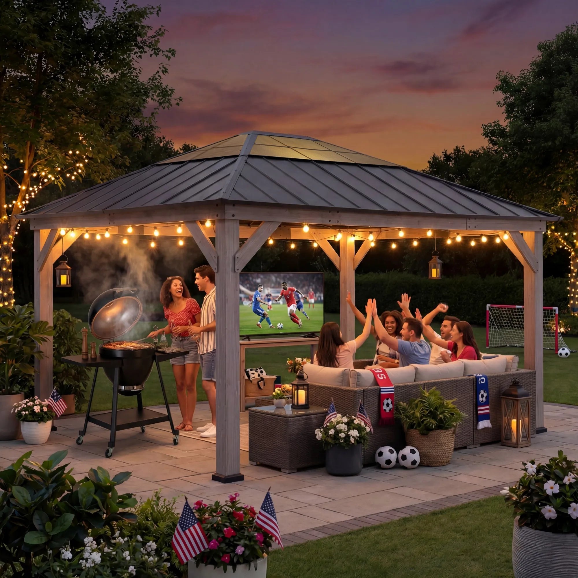 SUNJOY 13x15 Black Steel Roof Wooden Gazebo with Translucent Polycarbonate Skylight - Burly Wood Cedar