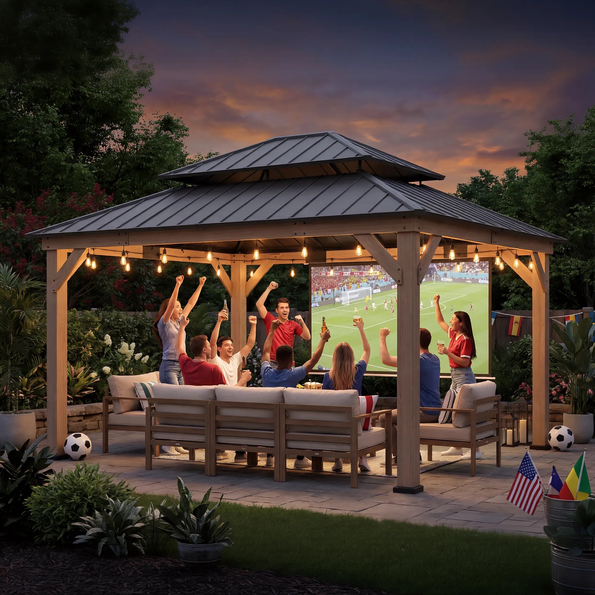 SUNJOY 13x15 2-Tier Wooden Frame Gazebo with Ceiling Hook - Weathered Cedar