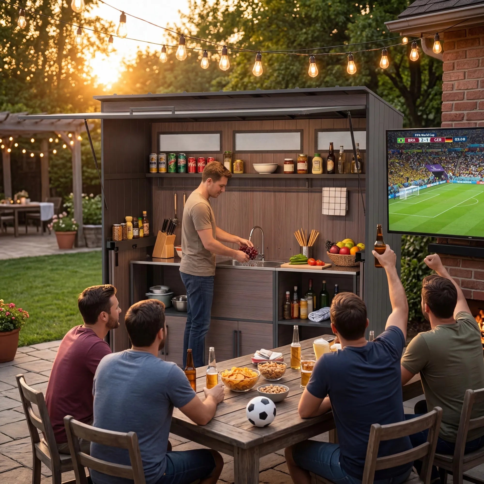 SUNJOY 7x3 Outdoor Kitchen Shed with Overhead Lift-Up Door & Folding Sliding Doors(Shed Only)