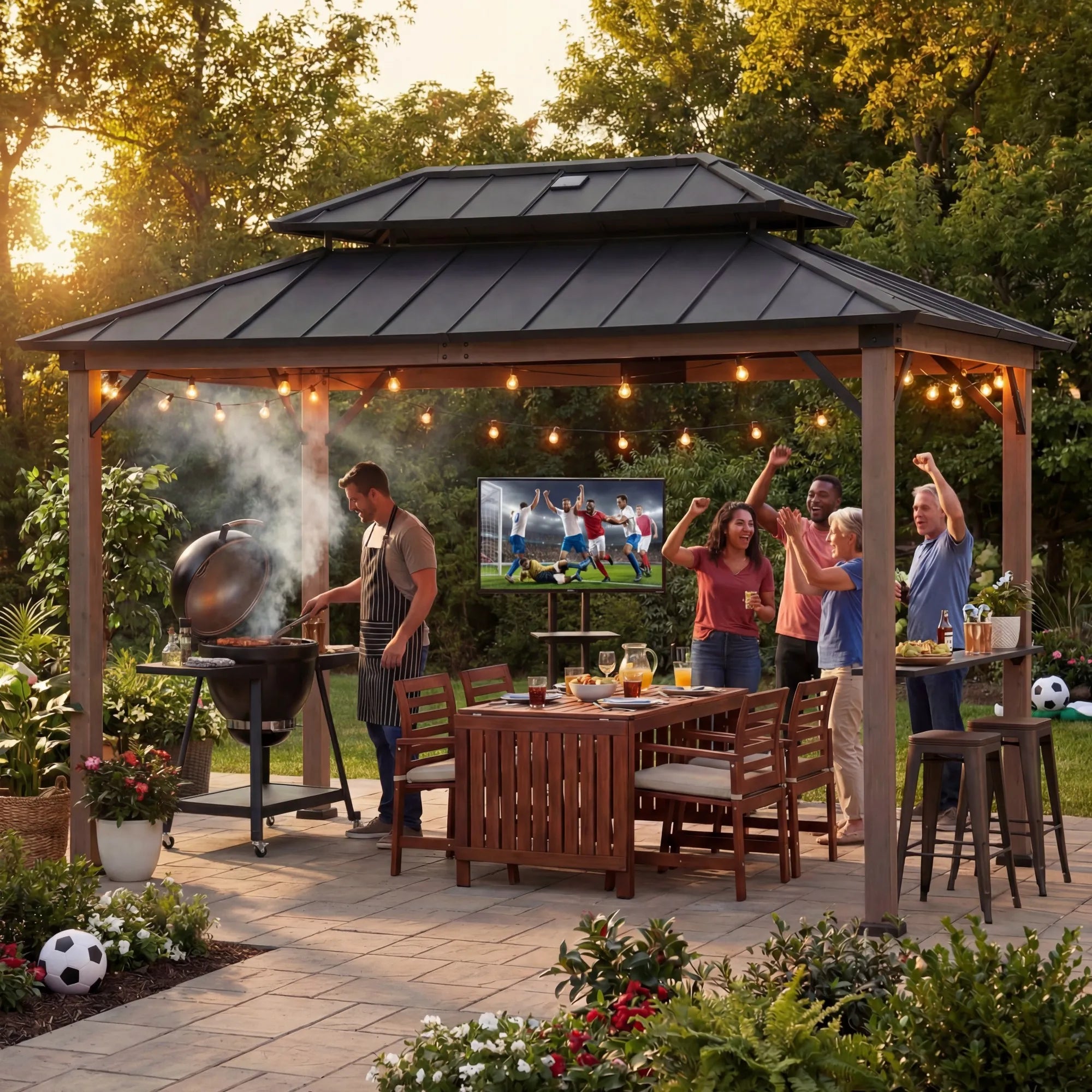 SUNJOY 8x12 Brown Cedar Frame Grill Gazebo with Solar Power and Shelves - Brown