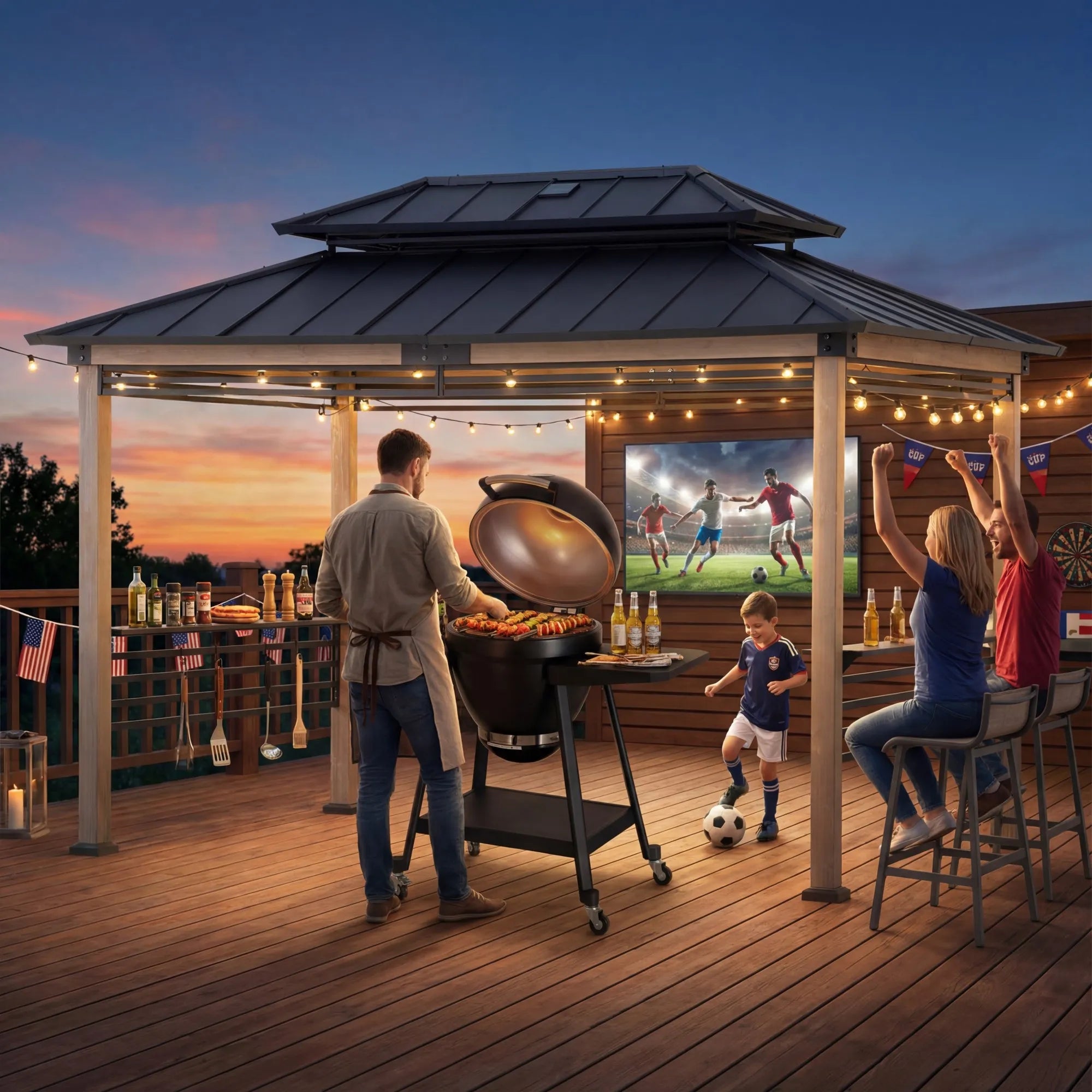 SUNJOY 8x12 Cedar Frame Grill Gazebo with Solar Power, Fence and Shelves - Black