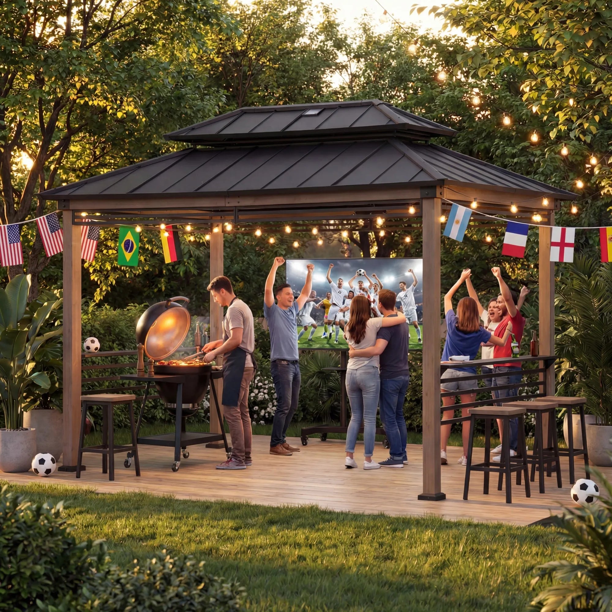 SUNJOY 8x12 Cedar Frame Grill Gazebo with Solar Power, Fence and Shelves - Brown