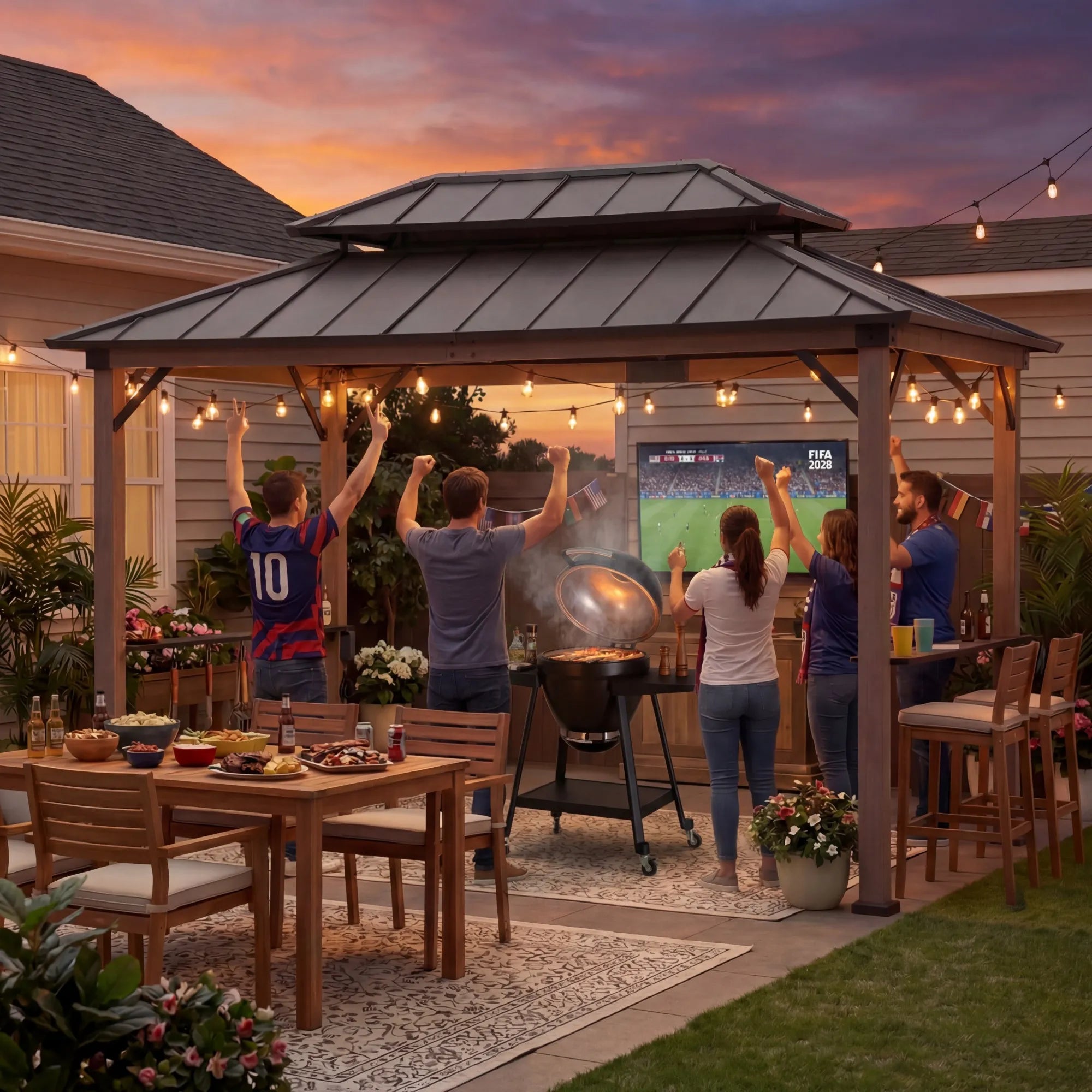 SUNJOY 8x12 Wood Frame Grill Gazebo with Electrical Outlets and Shelves - Brown