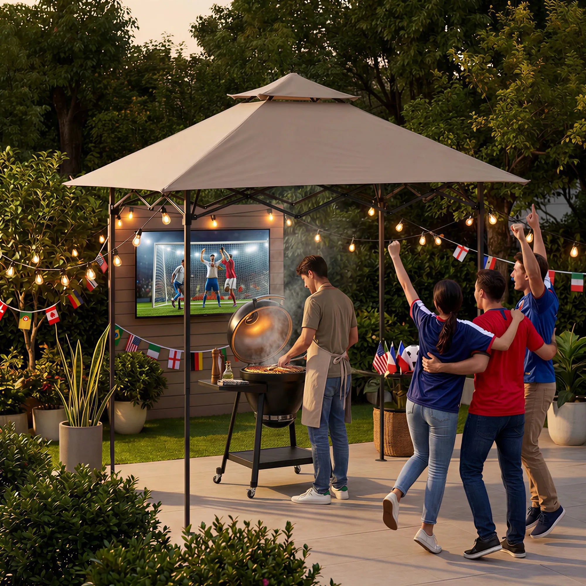 SUNJOY 8x5 Pop up Grill Gazebo with Magnetic LED Light and Carrying Bag - Brown