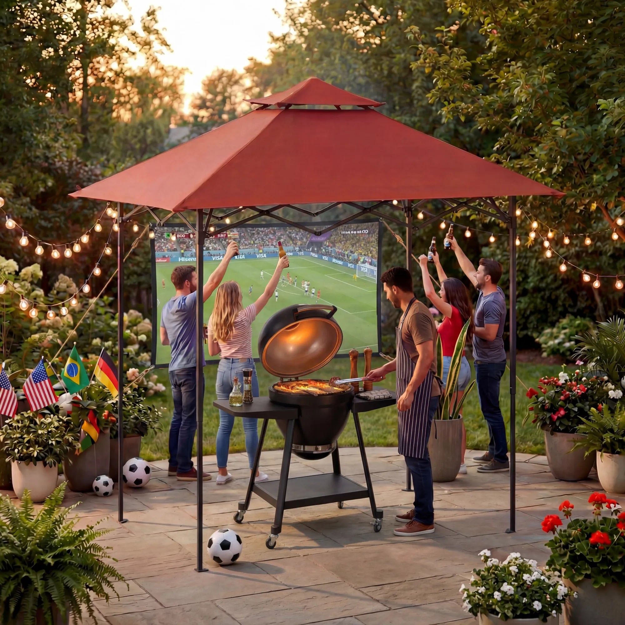 SUNJOY 8x5 Pop up Grill Gazebo with Magnetic LED Light and Carrying Bag - Red