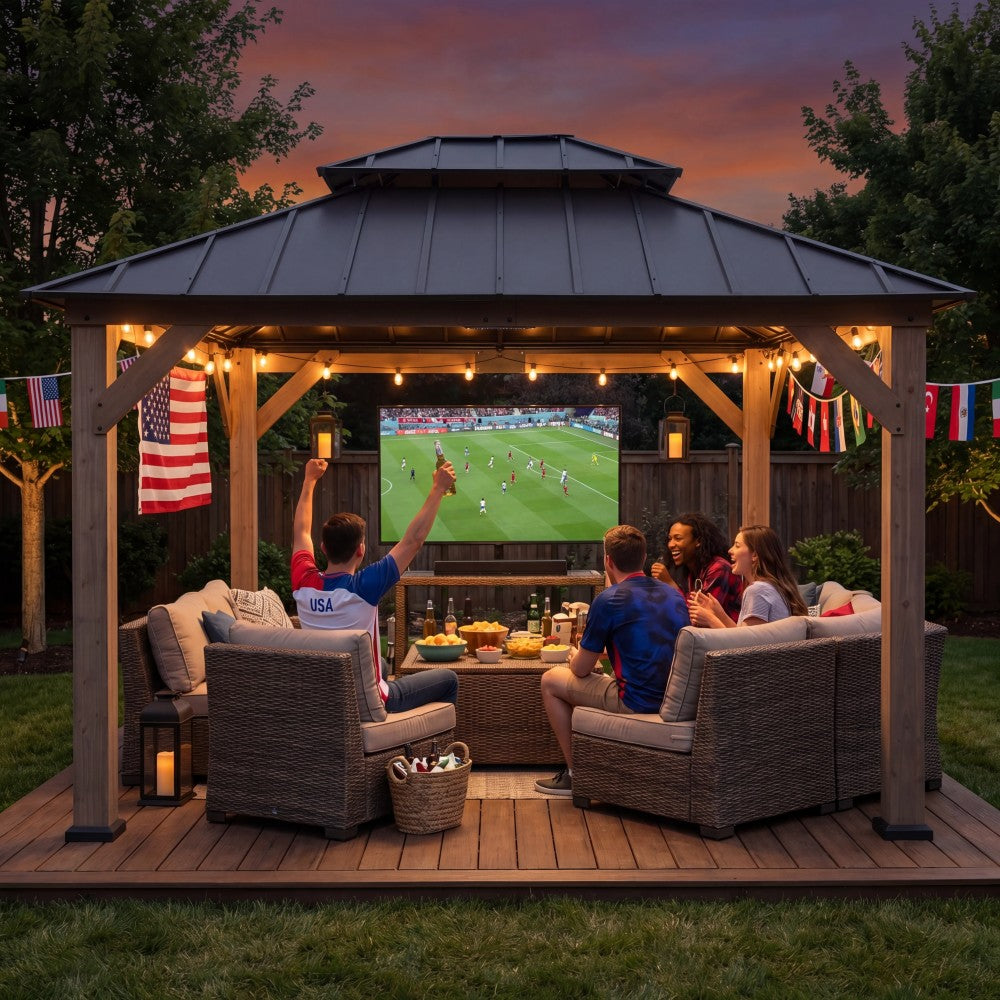 SUNJOY 10x12 Outdoor Cedar Framed Wooden Gazebo with 2-Tier Metal Roof and Ceiling Hook - Weathered Cedar