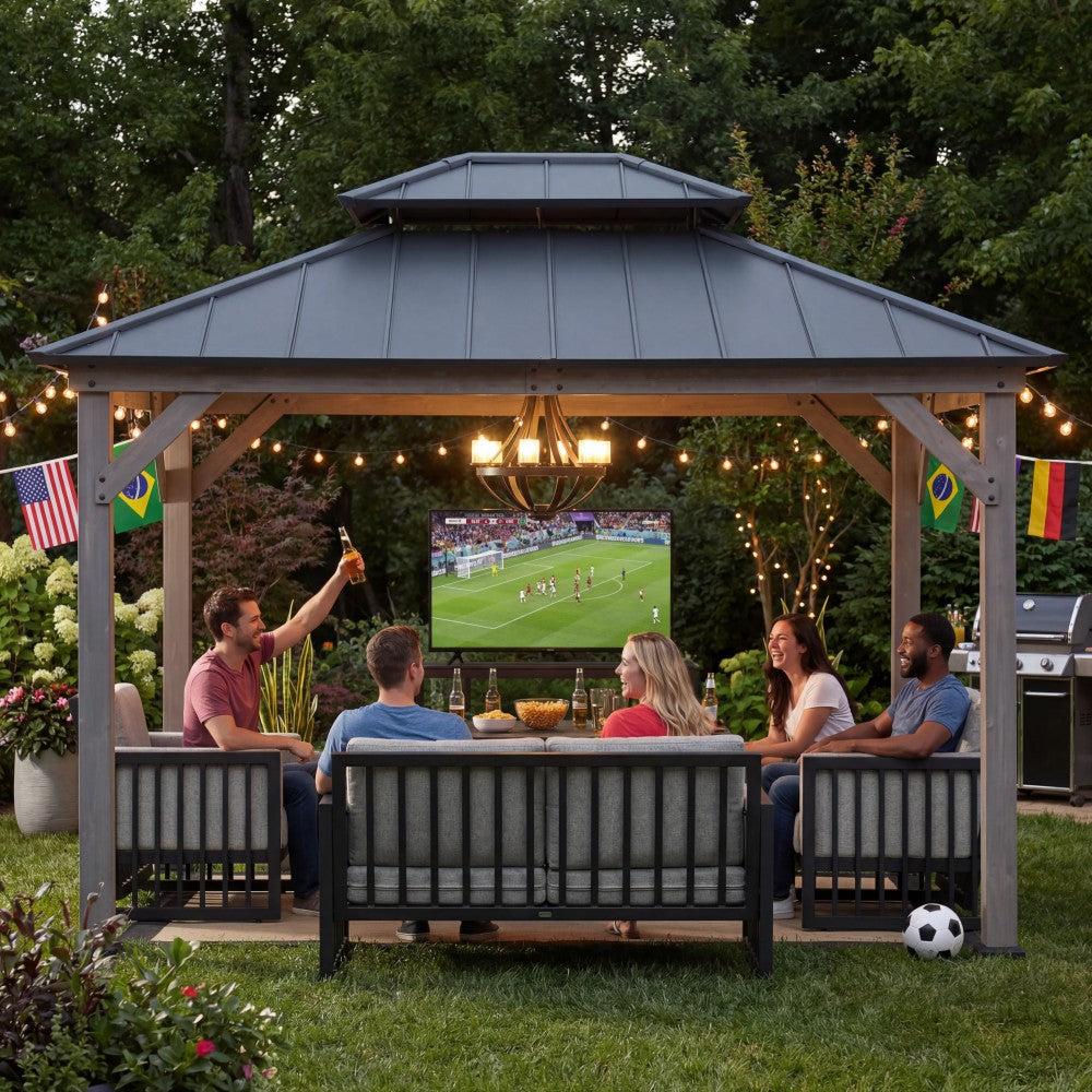 SUNJOY 10x12 Outdoor Cedar Framed Wooden Gazebo with 2-tier Metal Roof and Ceiling Hook - Driftwood Cedar