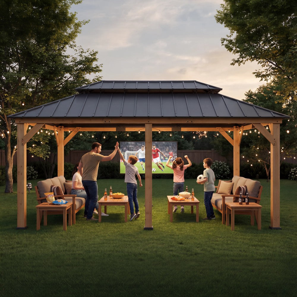 SUNJOY 12x20 Wooden Frame Hardtop Gazebo with Rectangle Double Tier and Ceiling Hook - Standard Natural Cedar