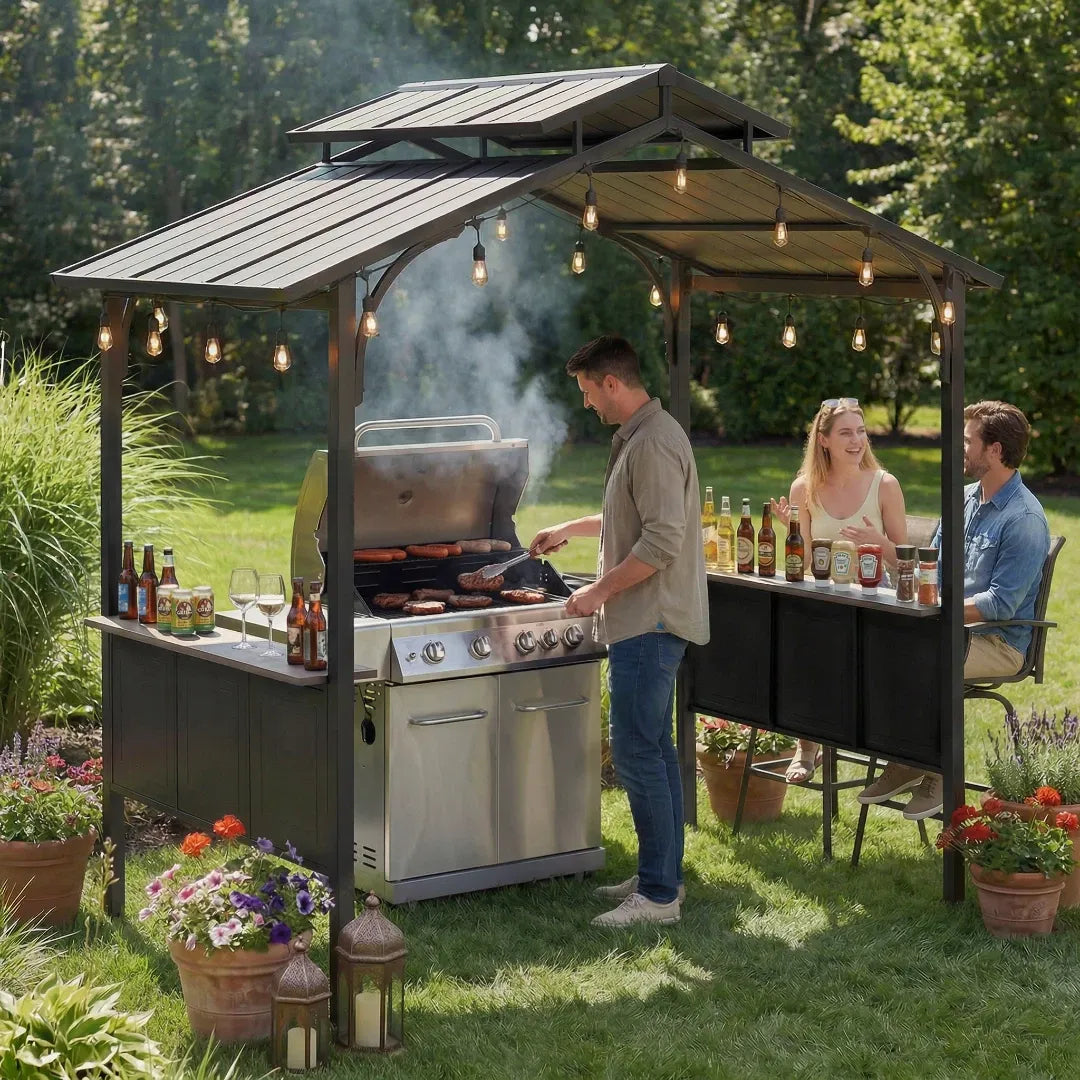 Outdoor kitchen setup with grill and people in a garden